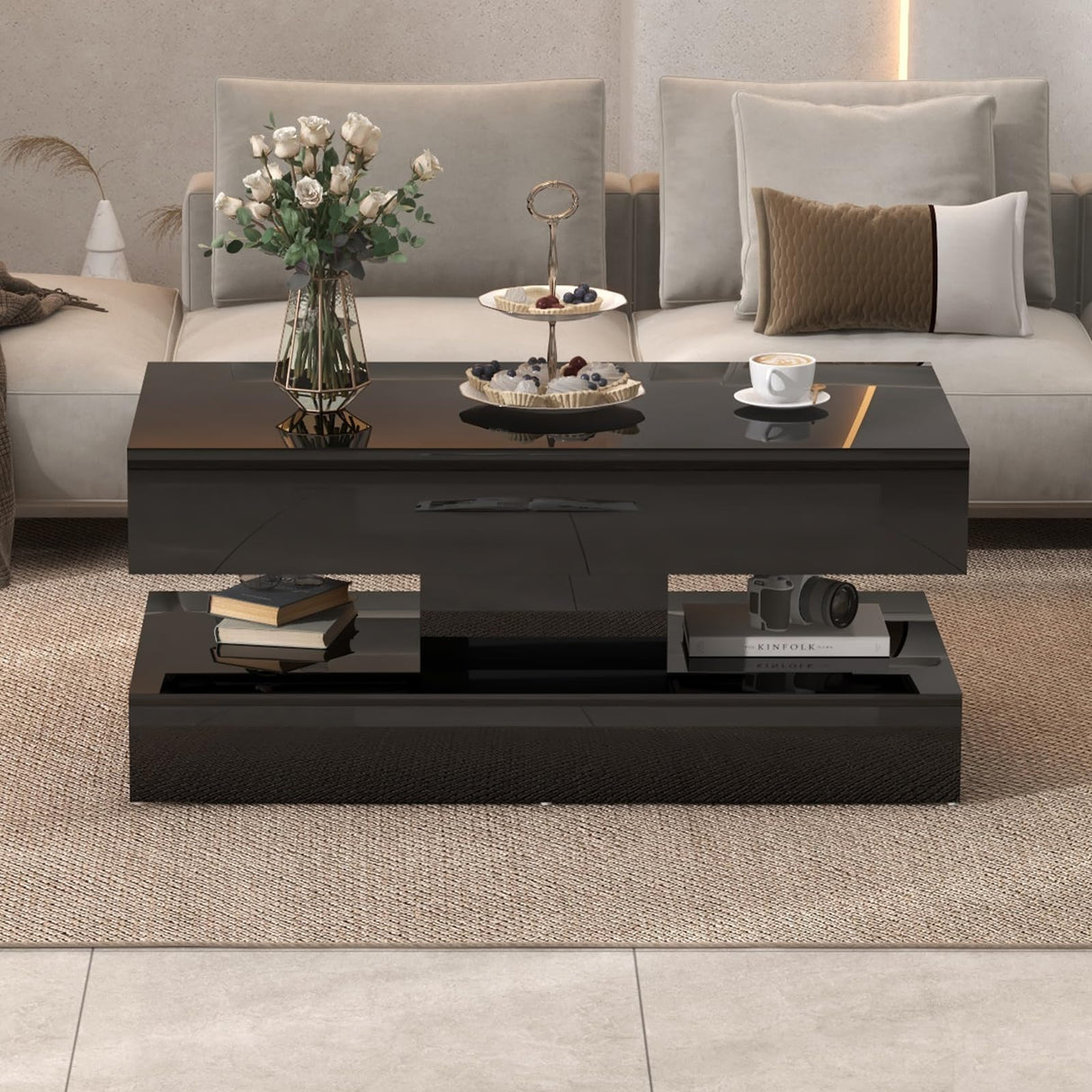 OC Orange-Casual LED Coffee Table with Storage, High Glossy Center Table with 2 Sliding Drawers, Modern Stylish Rectangle Coffee Table Double Layer with Open Display Shelf for Living Room (Black) OC Orange-Casual
