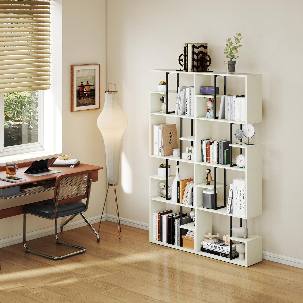 Manora 4 Tier Geometric Bookcase, S Shaped Bookshelf, Modern White Bookcase with Tall Display Shelves, Decorative Storage Shelf for Living Room and Bedroom Manora