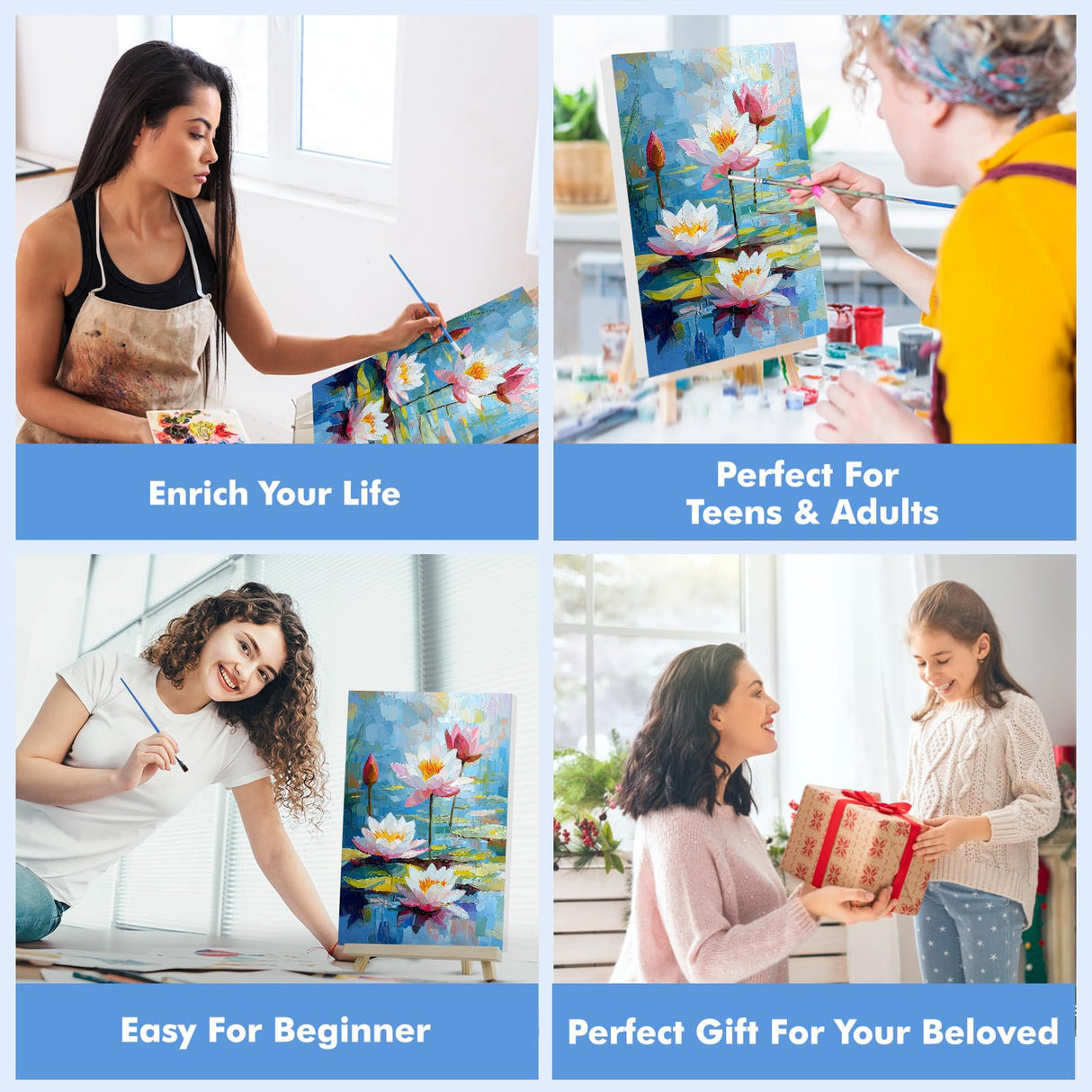 Bowetile Framed Paint by Numbers for Adults Beginners with Wooden Easel, Flowers Lotus Adults' Paint-by-Number Kits on Canvas, Easy DIY Acrylic Number Painting for Home Decor Birthday Gifts, 8x12in Bowetile