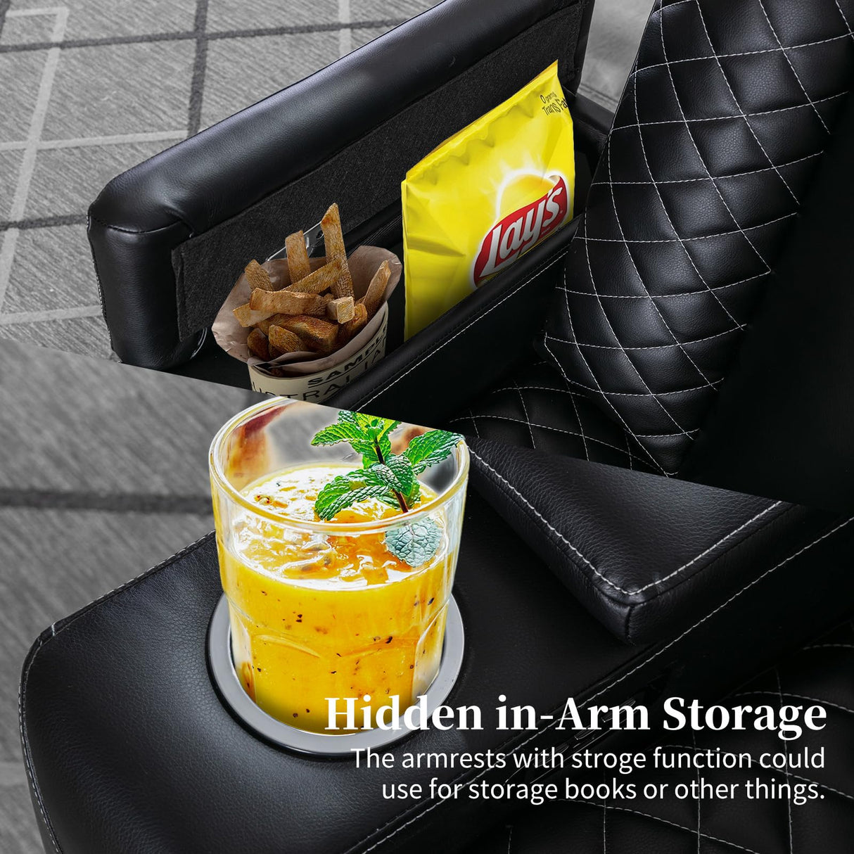 IOMOR Home Theater Seating with USB Ports and Cup Holders, Overstuffed Faux Leather Electric Power Recliner Chair with Hidden Arm Storage, Ambient Lighting (1, Black+Lighting) IOMOR