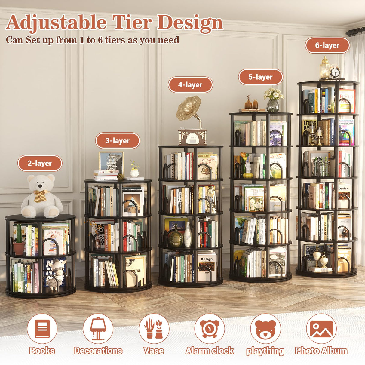 Aheaplus 6 Tier Rotating Bookshelf Tower, Revolving Bookcase, 360° Round Spinning Book Shelf, Narrow Swivel Bookshelves Vertical Rolling Turning Corner Bookshelf Organizer for Small Space, Black Aheaplus