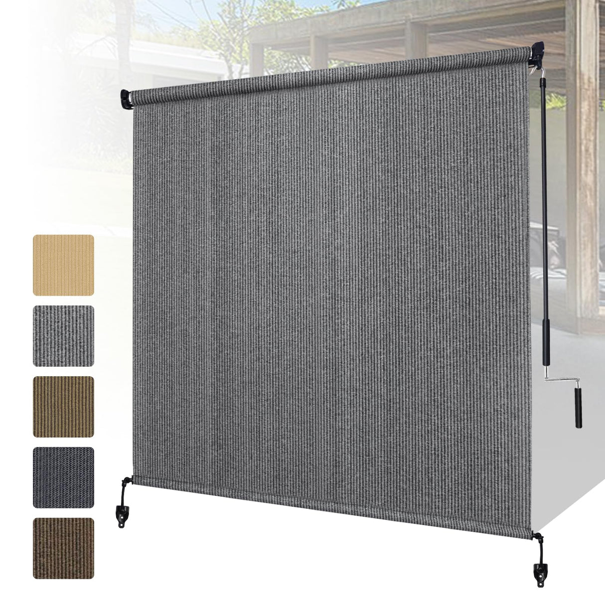 Shade&Beyond Outdoor Roller Shades with Splicing Design, 8' W x 8' H Cordless Patio Roll Up Blinds, Exterior Shade Cloth Roll for Porch, Gazebo, Pergola, Balcony, Gray Shade&Beyond