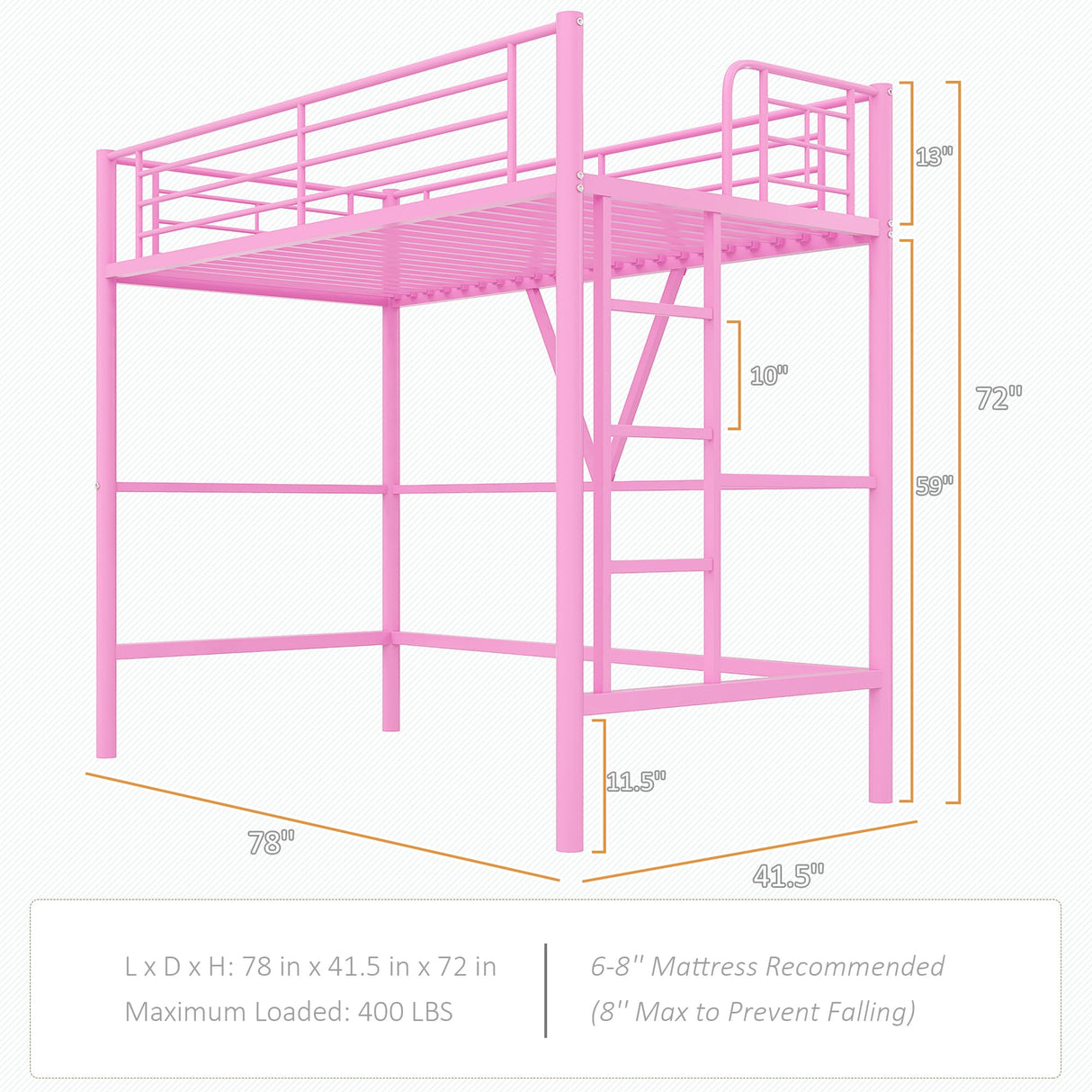 VECELO Twin Size Loft Bed with Full-Length Guardrails and Removable Ladder, Heavy-Duty Metal Frame, Space-Saving Design & Noise-Free, Pink VECELO