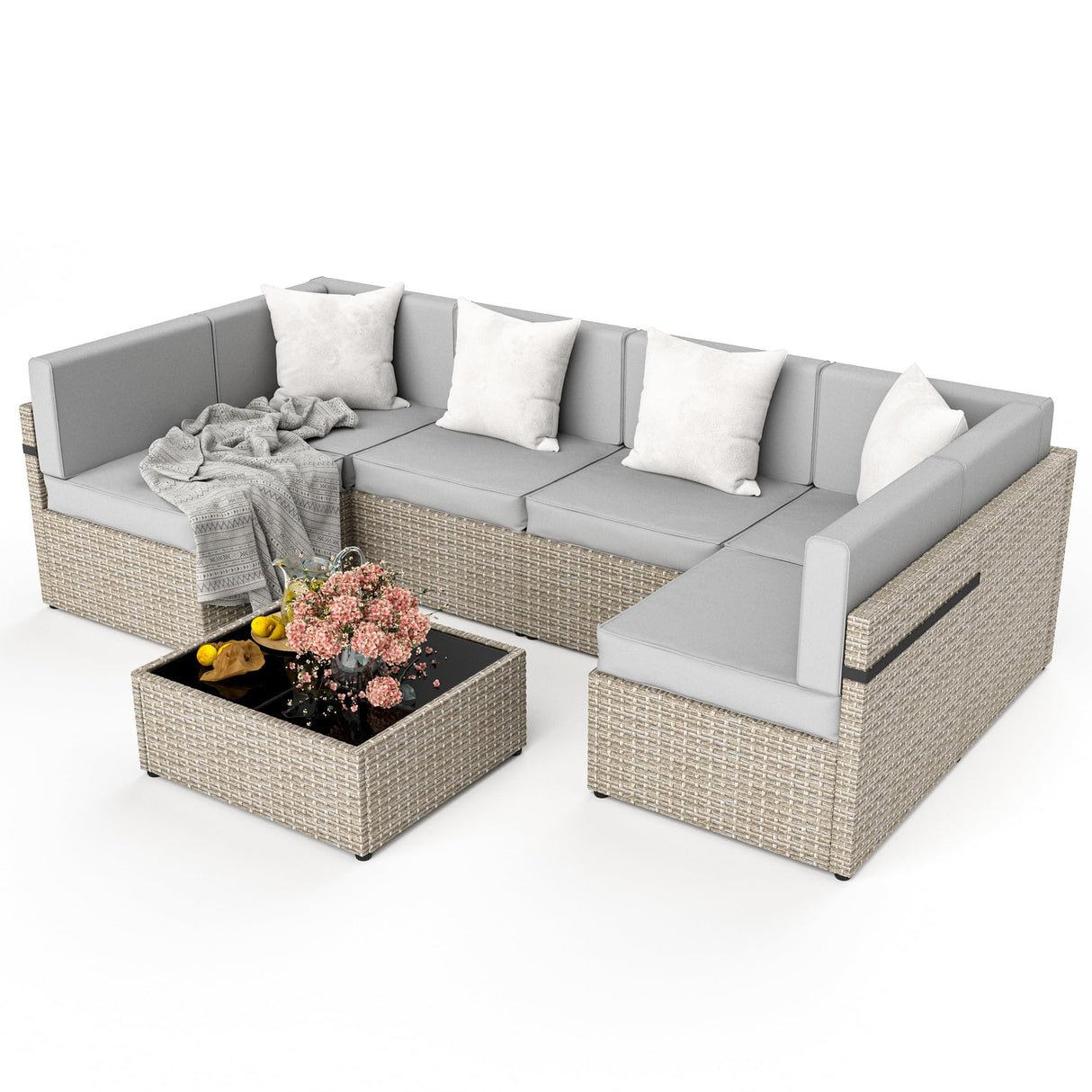 Pamapic Patio Furniture Set, 7 Pieces Modular Outdoor Sectional,Wicker Patio Sectional Sofa Conversation Set, Rattan Sofa with Coffee Table and Washable Cushions Covers, Grey Rattan(Grey Cushions) Pamapic