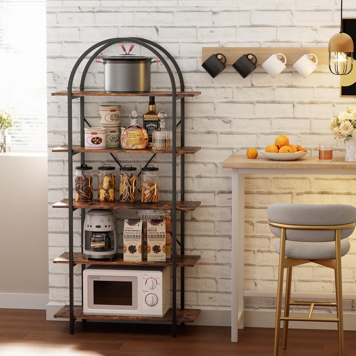 Arbuxzuy Arched Bookshelf 5 Tier Book Shelf, 31.5 Inch Width Industrial Arch Bookcase, Curved Tall Bookshelf with Open Shelves for Home Office, Living Room, Bedroom, Rustic Brown Arbuxzuy