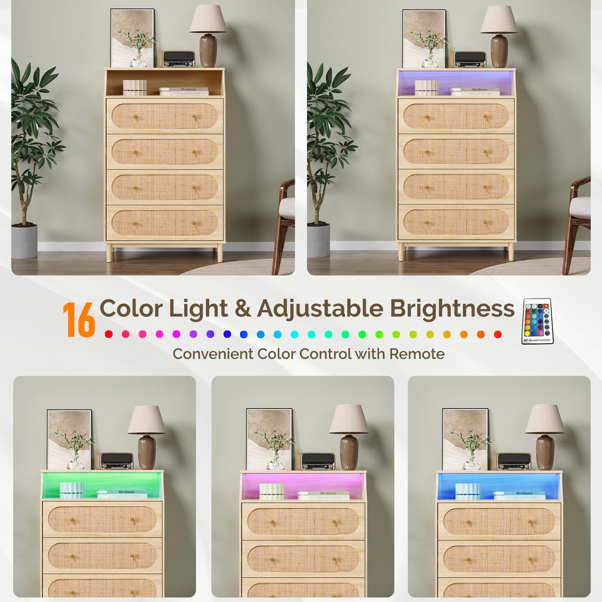 VINGLI Rattan Dresser with LED Lights, Tall Dresser Boho Chest of Drawers for Bedroom, Wicker Chest 4 Drawer, Vertical Dressers for Bedroom,Natural Oak VINGLI