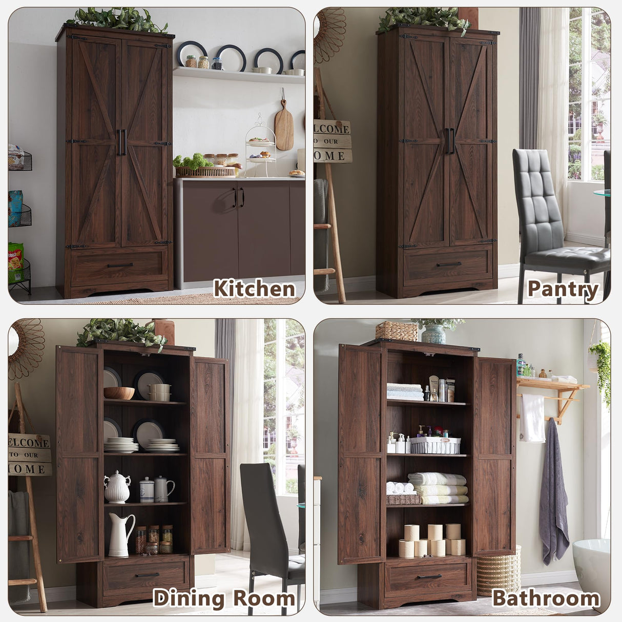 XIASLO 72" Tall Wood Storage Cabinet, Farmhouse Kitchen Pantry Cabinet with Adjustable Shelves & Drawer & Barn Doors, Versatile Storage for Kitchen, Dining Room, Bathroom, Brown XIASLO