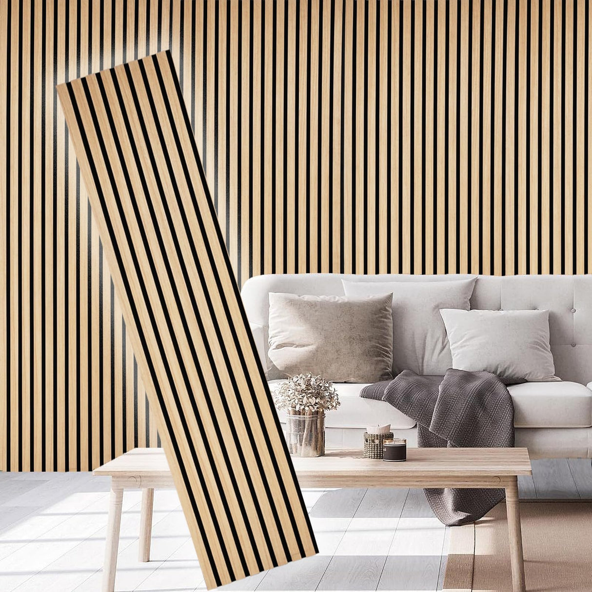E-HAO 2 Piece Wood Slat Acoustic Panels for Stylish Decor and Noise Reduction, 3D Textured Panel for Ceiling and Wall - White Oak (94.5 L x 12.6 W in) E-HAO