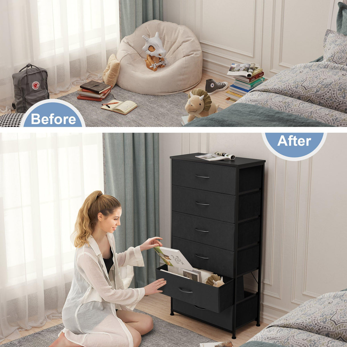 Crestlive Products Dresser for Bedroom with 6 Drawers, Tall Chest of Drawers, Black Dressers Bedroom Furniture, Storage Organizer Unit with Bins for Closet, Hallway, Living Room, Entryway Crestlive Products