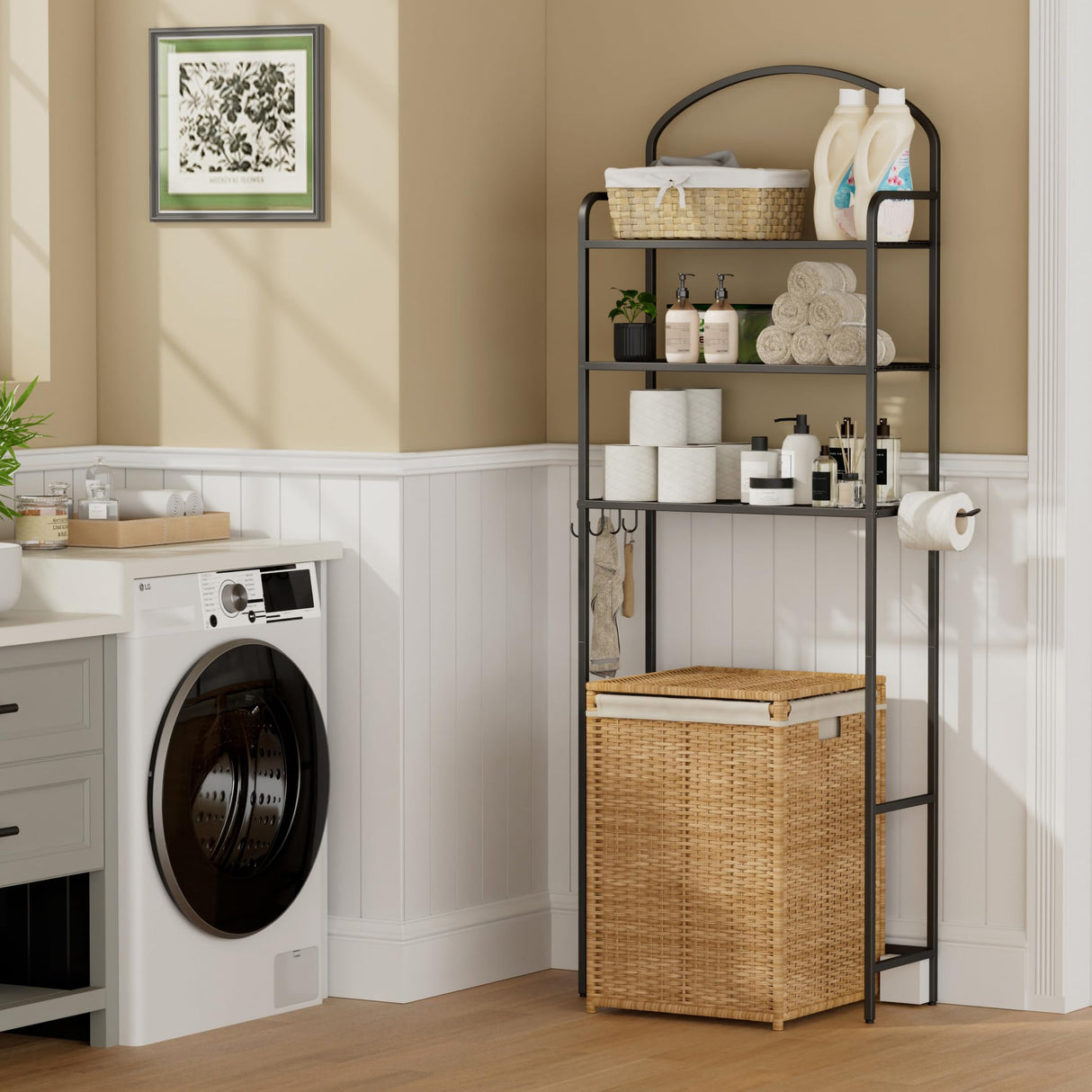 Cerlyunzan 3-Tier Over The Toilet Storage, Bathroom Organizer, Space-Saving, Above Toilet Storage Rack with 4 Hooks and Paper Holder, Metal Shelf, Black Cerlyunzan