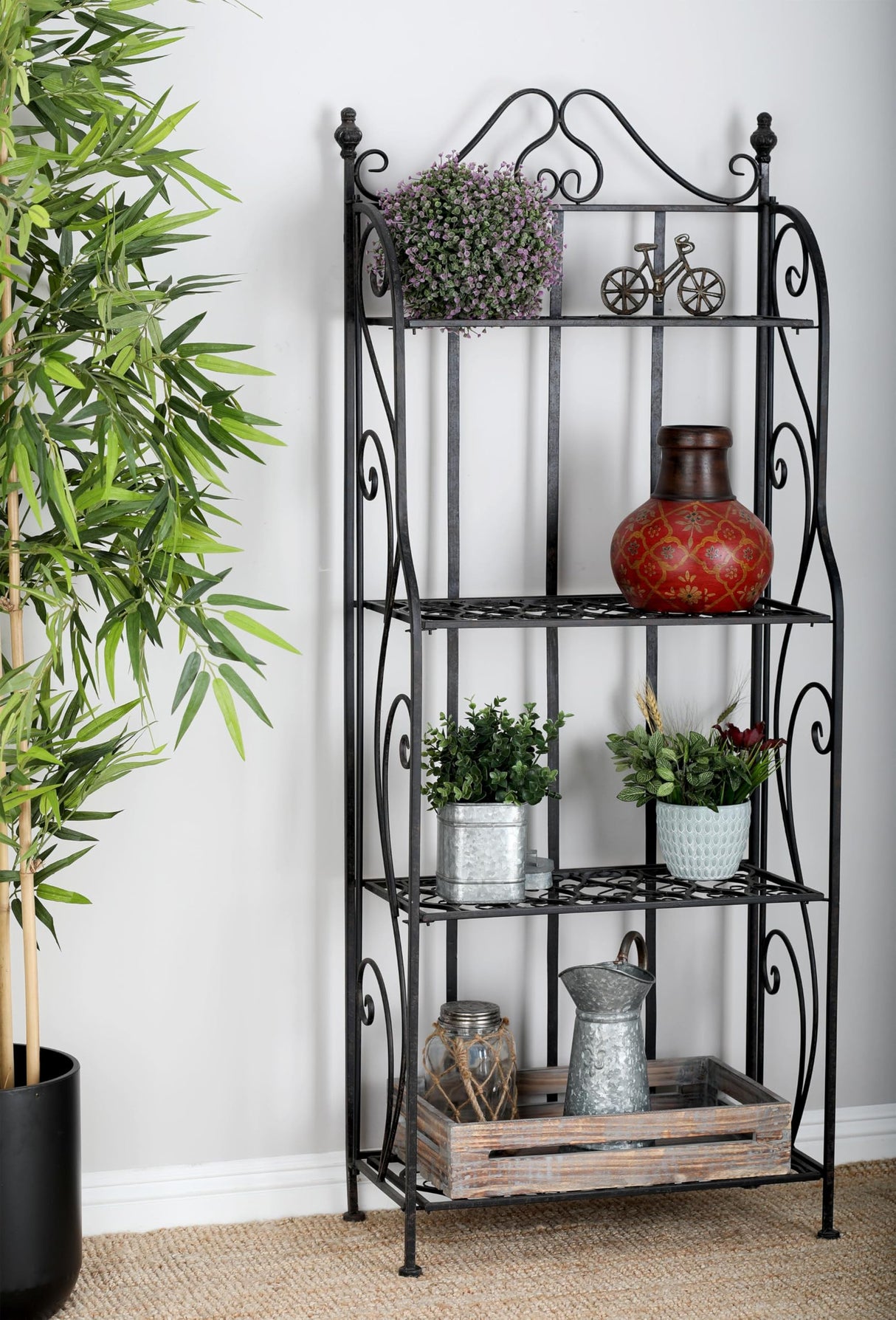 Deco 79 Metal Scroll Indoor Outdoor Tall Folding 4 Shelf Bakers Rack, 25" x 12" x 64", Black Deco 79