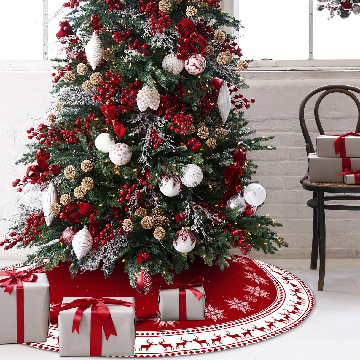 Christmas Tree Skirt 48 inch Large Tree Skirt Snowflake Reindeer Red Xmas Tree Skirt Rustic Christmas Tree Mat Decorations for Winter New Year Holiday Party Decor Indoor Outdoor JXOUYDAD