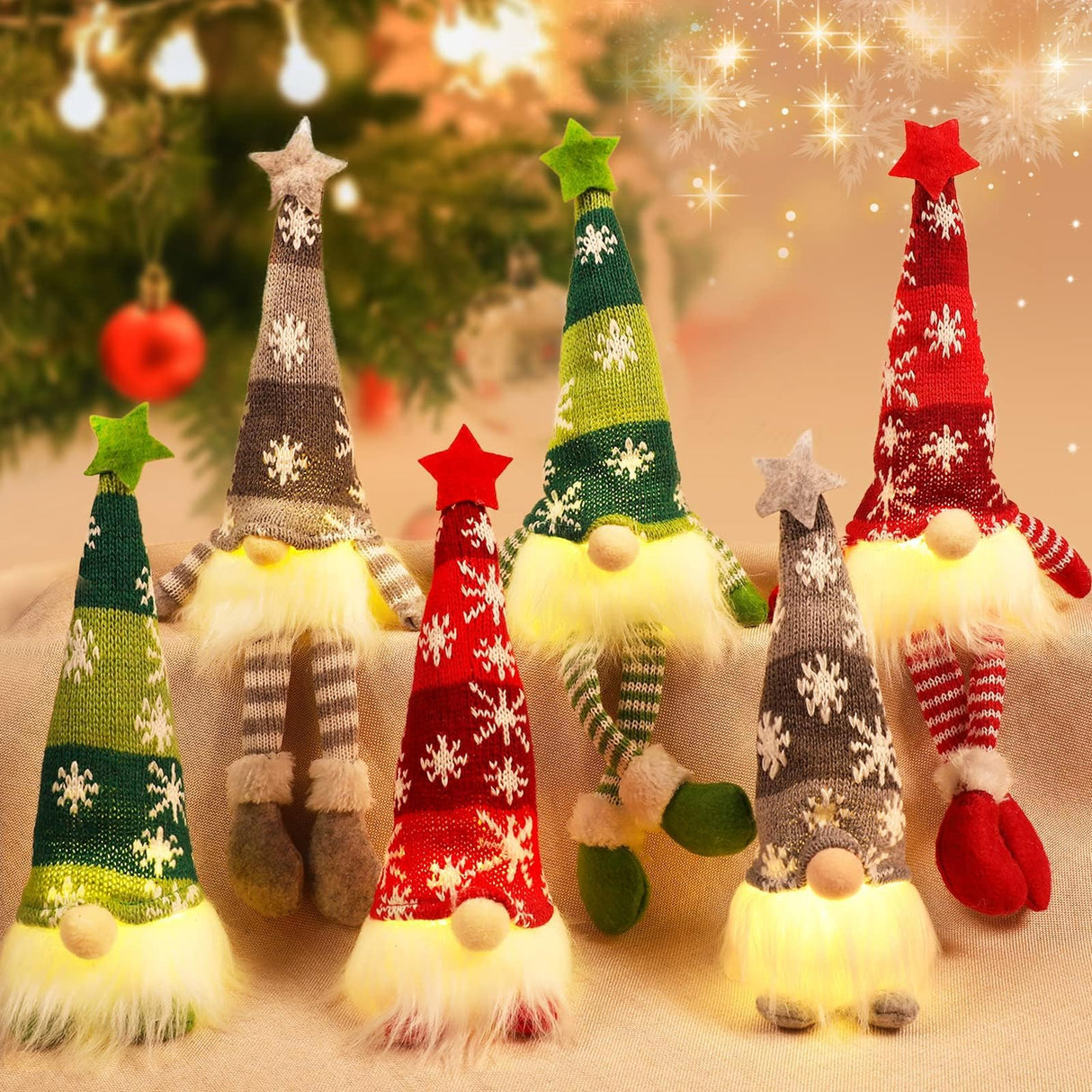 HINZER 6 Pack Gnomes Christmas Decorations 13.7" Lighted Swedish Tomte Xmas Gnome Plush Elf Doll Scandinavian Santa Christmas Ornaments Holiday Indoor Home Tabletop Decorations Gifts, Red Green Gray HINZER