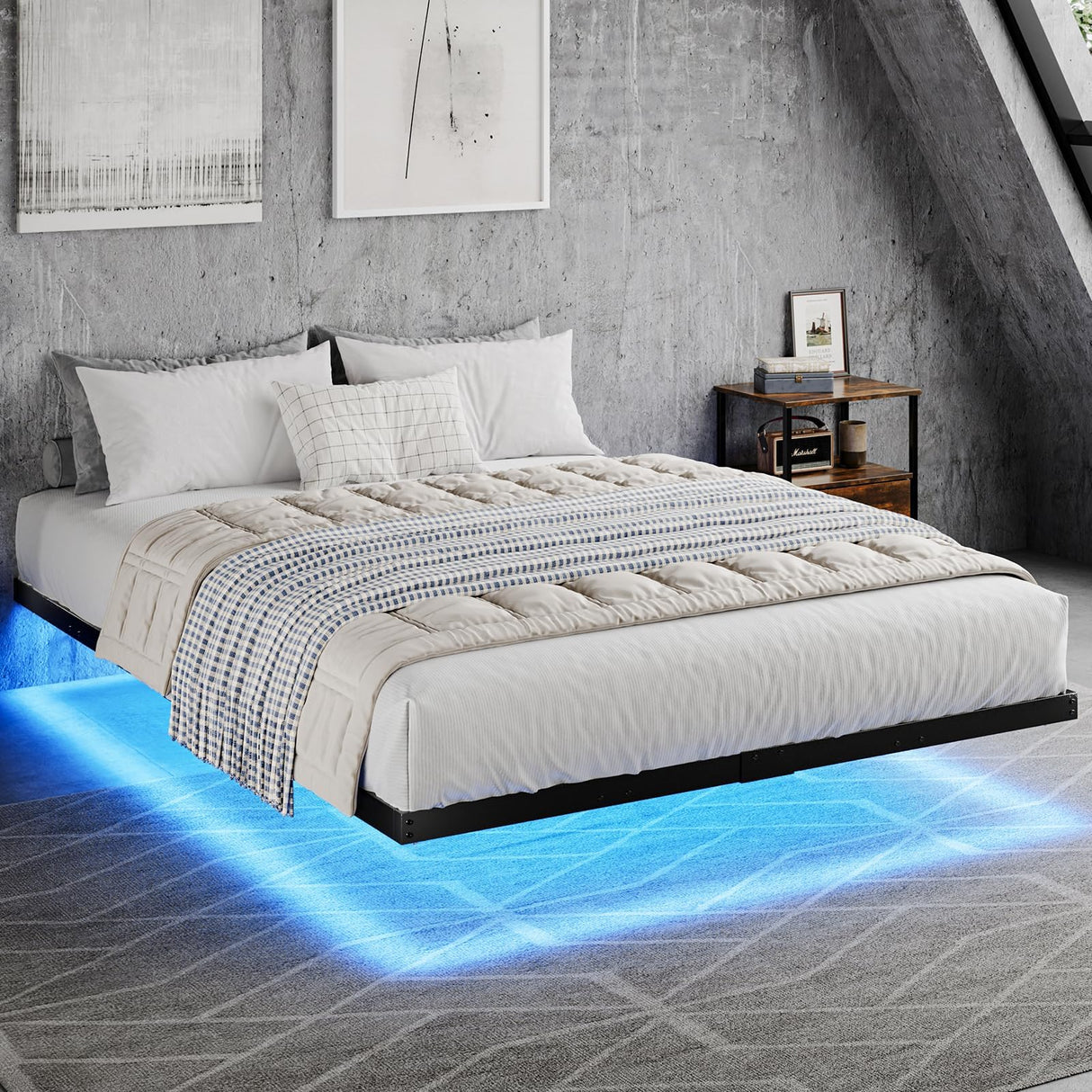 HOMBCK LED Floating Bed Frame - Full Size Metal Platform with Under Bed Storage and Heavy Duty Support HOMBCK