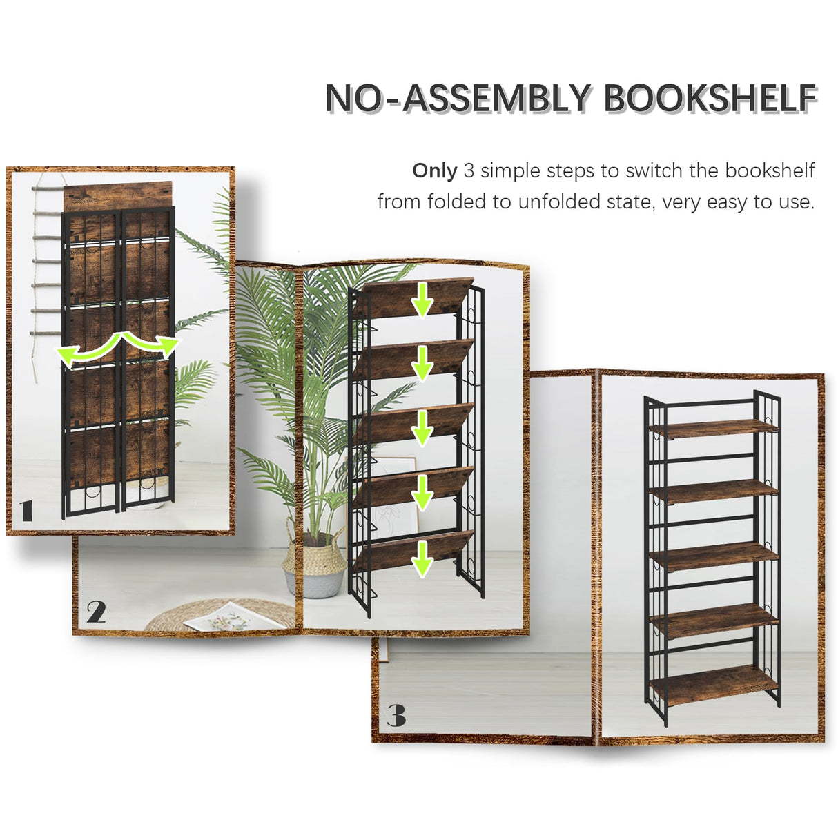 Folding 5-Tier Vintage Bookshelf by 4NM - Rustic Brown and Black Storage Solution 4NM