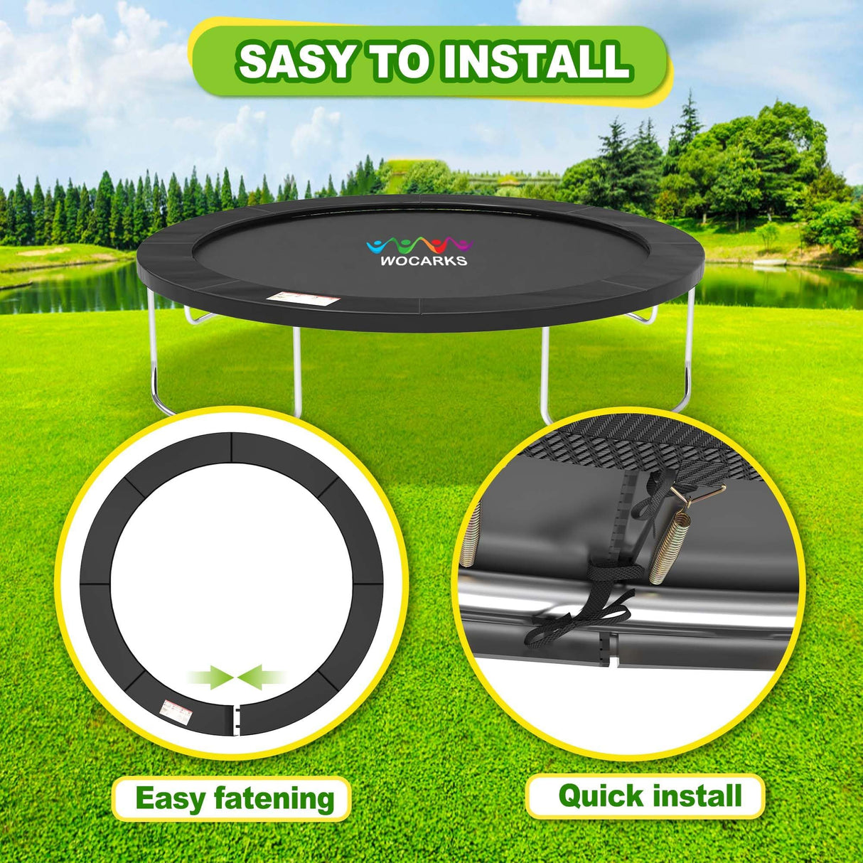 wocarks Trampoline Pad, 10ft 12ft 14ft Trampoline Replacement Safety Pad, Waterproof and Tear-Resistant Safety Spring Cover Round Frame Pad (Black, 12FT) wocarks