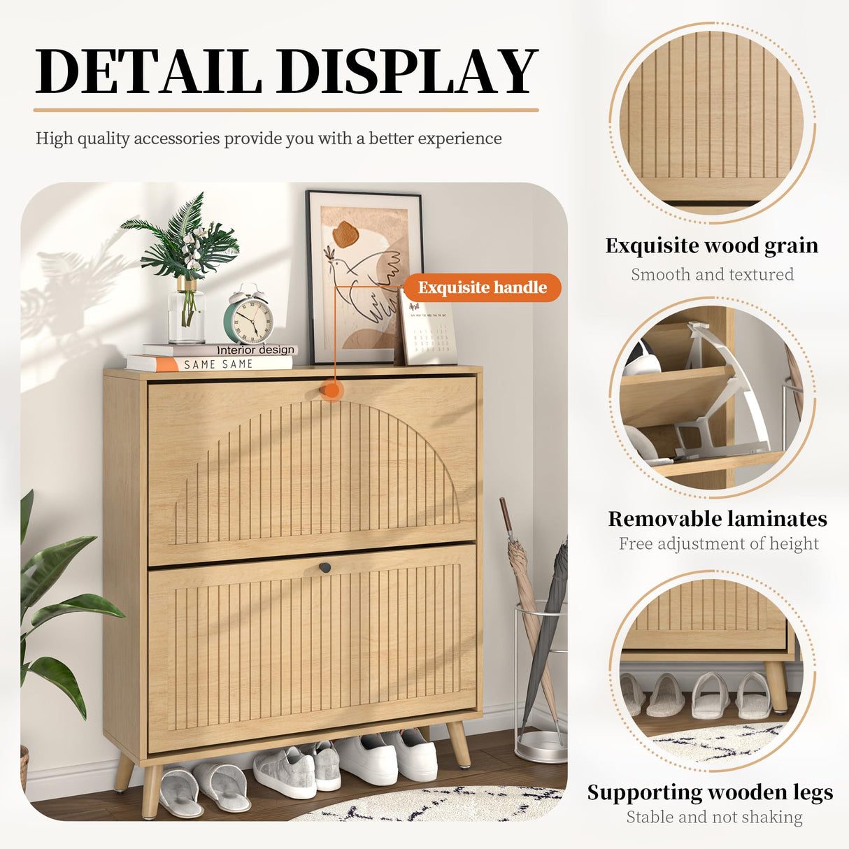 Fsbecl Shoe Storage Cabinet for Entryway with 2 Flip Drawers, Narrow Wood Shoe Cabinet with Fluted Panel, Freestanding Hidden Shoe Organizer for Foyer, Hallway (Wood Color) Fsbecl