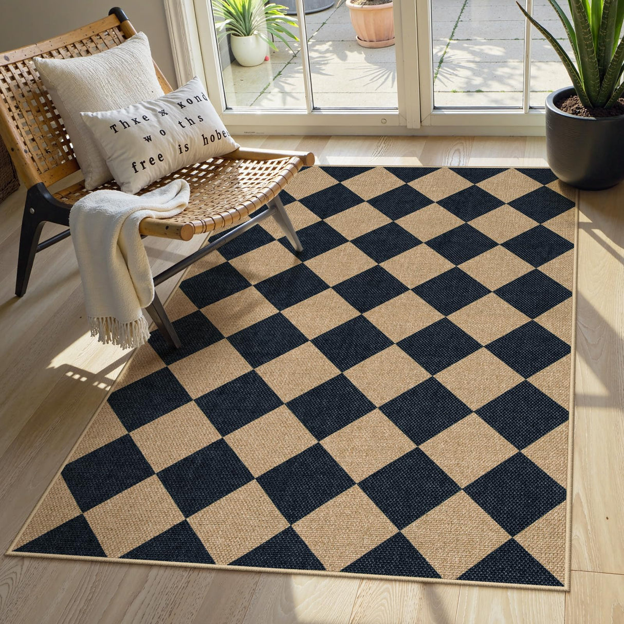 Lahome Checkered Easy Jute 3x5 Outdoor Patio Rug, Washable Rugs for Entryway Diamond Indoor Outdoor Living Room Carpet, Farmhouse Neutral Non Slip Black Door Carpet for Backyard Bedroom Lahome