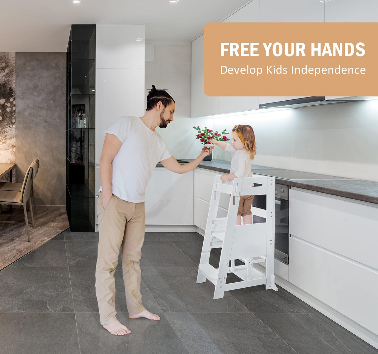 TOETOL Bamboo Toddler Step Stool White Kitchen Counter Learning Helper Standing Tower Ktchen Stool for Toddler 3 Height Adjustable with Chalkboard Message Boards, Small Step Stool, Non-Slip Mat TOETOL