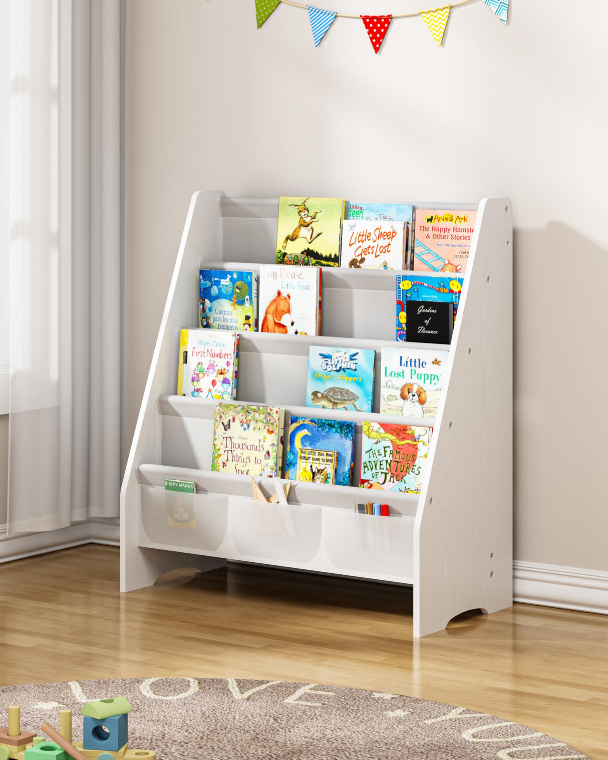 SEIRIONE Sturdy Kids Bookshelf,4-Tier Book Shelf for Kids Room with Tear-Proof Oxford Fabric-Nursery Room Playroom Classroom,Deep Slings to Keep Books Upright,Ideal Height for Toddler Age 3+, White SEIRIONE
