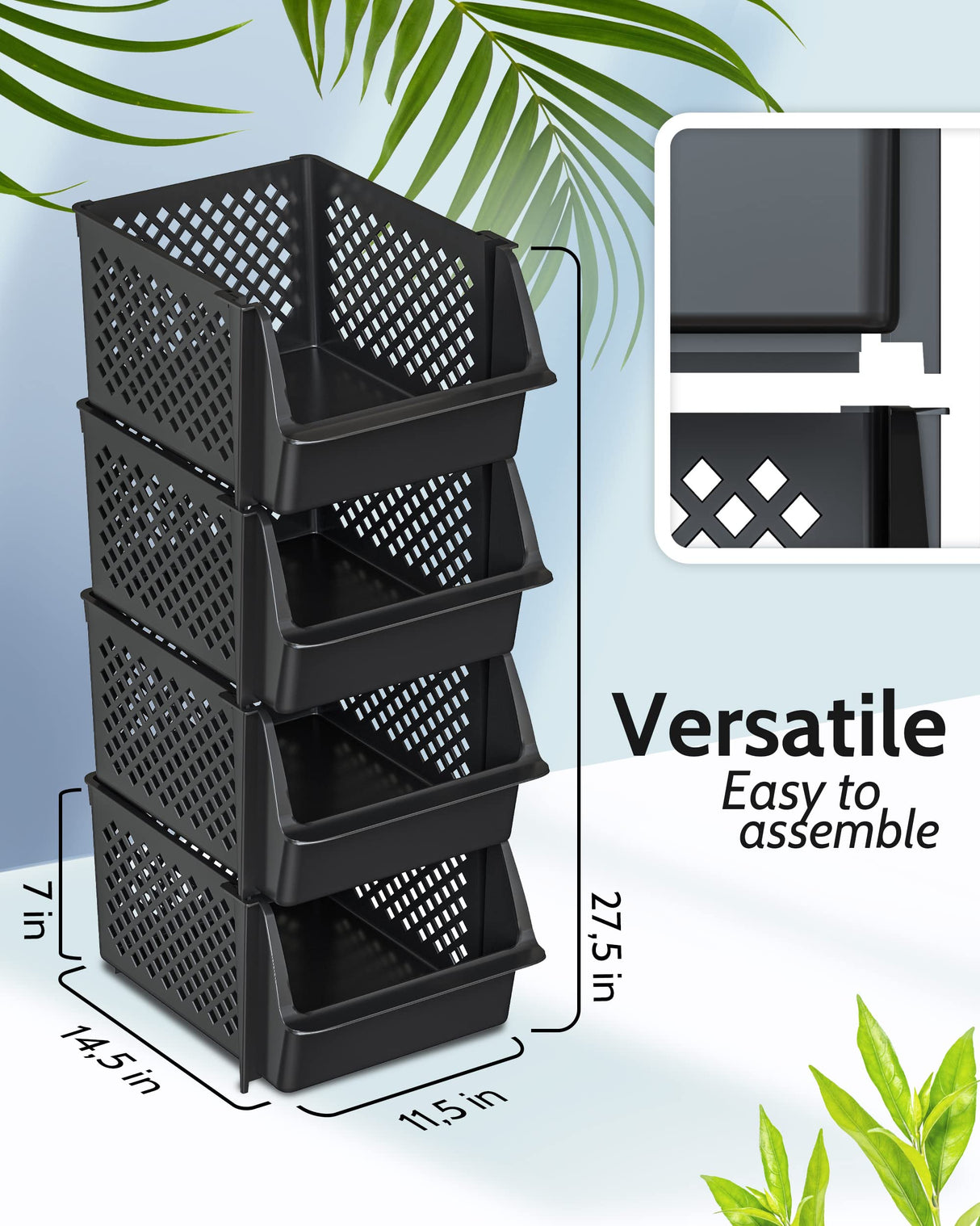 TidyFriend Stackable Storage Bins for Pantry Organizers and Storage 4 Pack, Pantry Storage for Food, Kitchen and Home Organization (Black) Skywin
