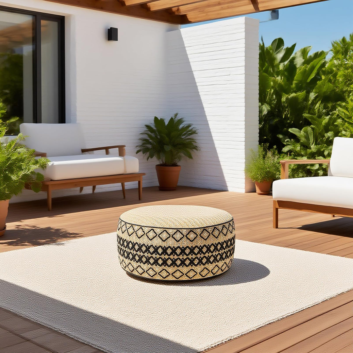 GLADTRAX Outdoor Inflatable Ottoman with Air Pump, Embroidery Patio Footrest Stool D21”x H9”, Round Pouf Ottoman with Portable Handle Suitable for Garden, Camping, Bedroom, Living Room GLADTRAX