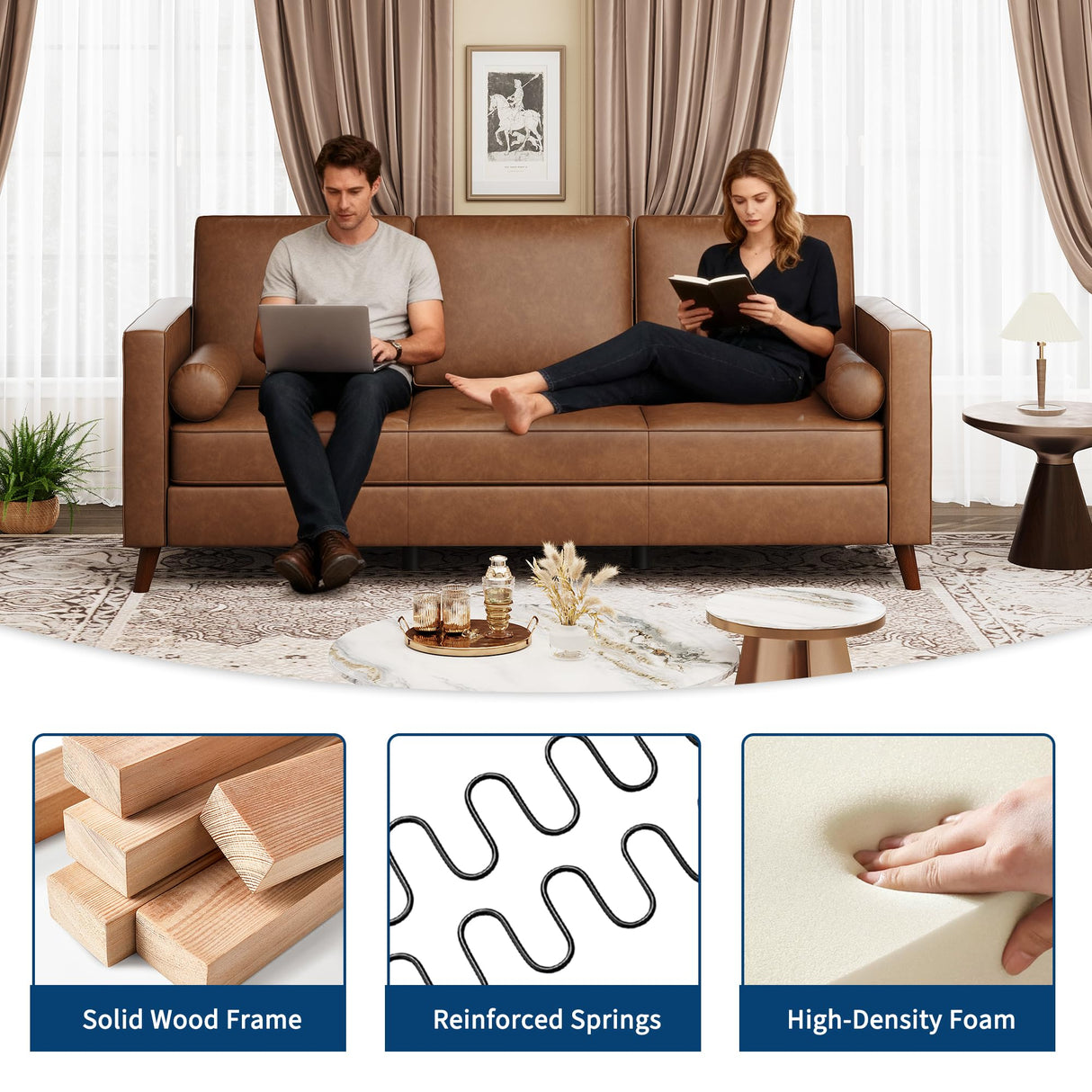 81" Faux Leather Sofa, Mid Century Modern Deep Seat Couch, Upholstered Cushion&Removable Cover, Brown PU Couch, 3 Seat Sofa for Living Room, Office, Brown IDEALHOUSE