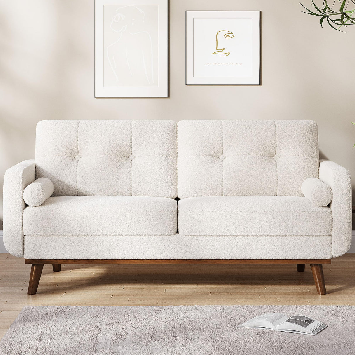 65 in Loveseat Sofa, Mid Century Modern Couch Comfy Love Seat Couches for Living Room, 2 Seater Deep Seat Couch Teddy Fleece Boucle Upholstered Couches for Bedroom Office Small Space, Beige GarveeHome