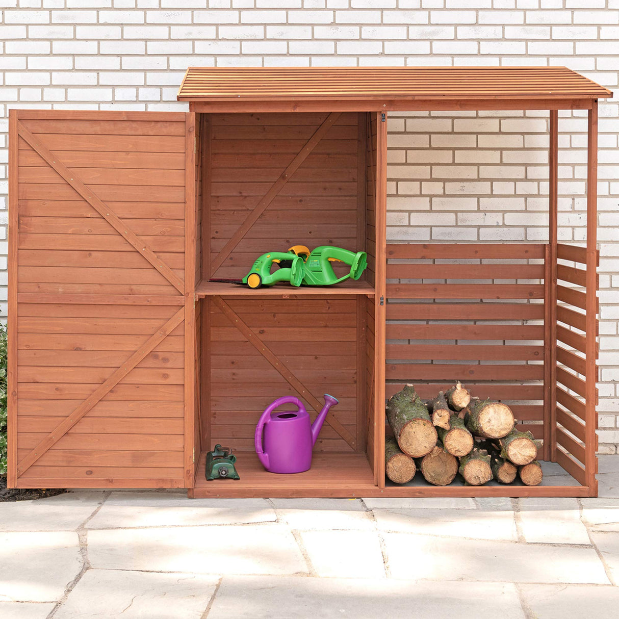 Leisure Season CFS7181 Combination Firewood and Storage Shed - Brown - Outdoor Garden Cedar Box with Shelves, Roof, Doors - Large Yard Lumber Lockers - Patio, Backyard, Deck, Organizer -Fast Assembly Leisure Season
