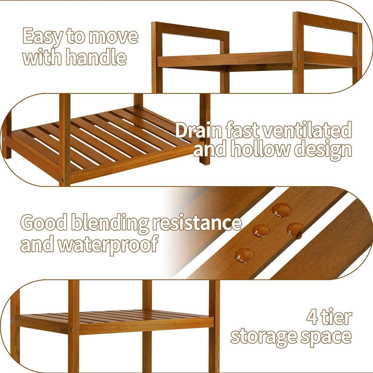 Utoplike Teak Wood 4-Tier Bathroom Shelf Organizer with Handles Utoplike