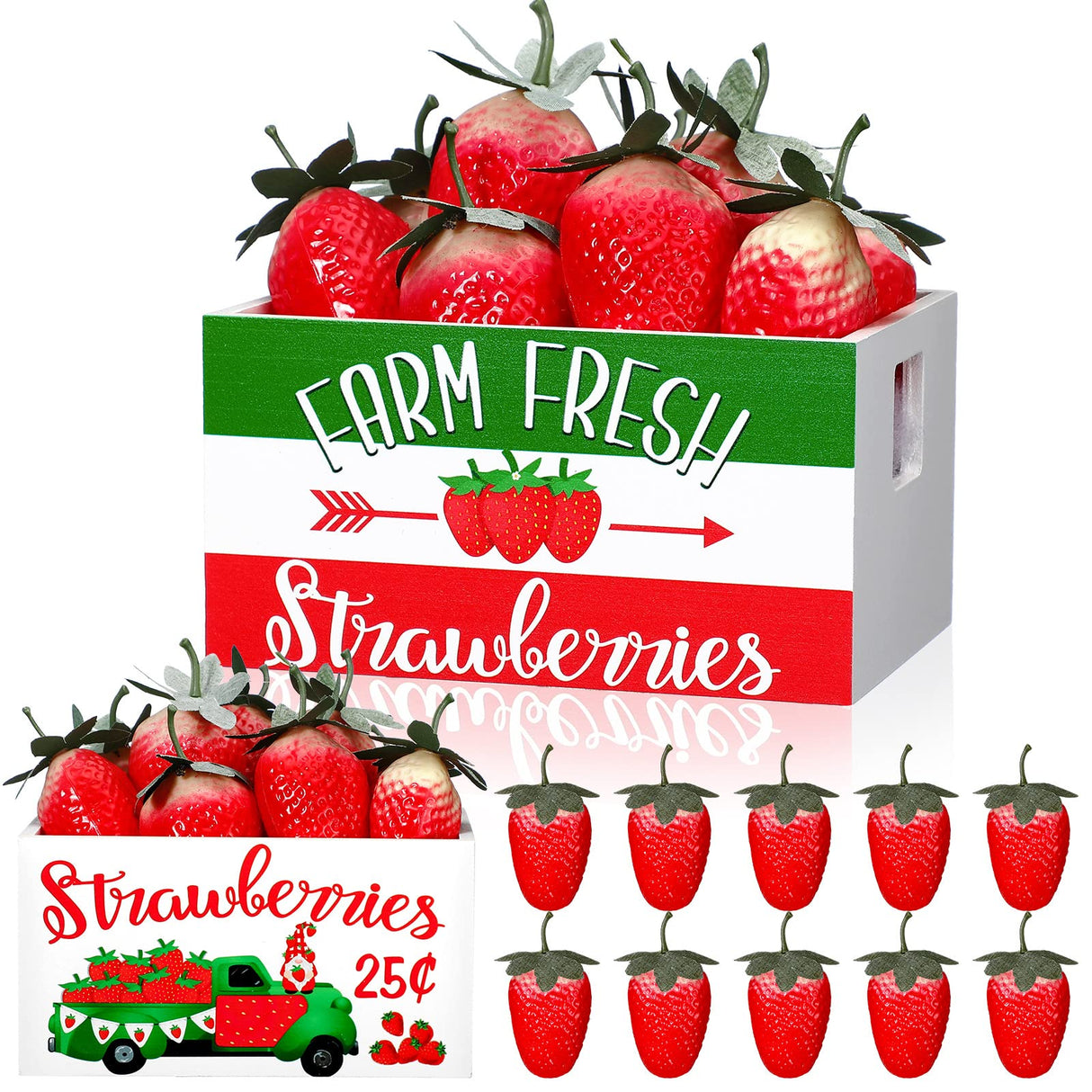 Marsui Tiered Tray Decor Mini Wooden Crate Rustic Farmhouse Wood Box with Decorative 8 Faux Strawberry Sunflower Lemons for Summer Home Party Decor Table Centerpiece(Strawberry Style) Marsui