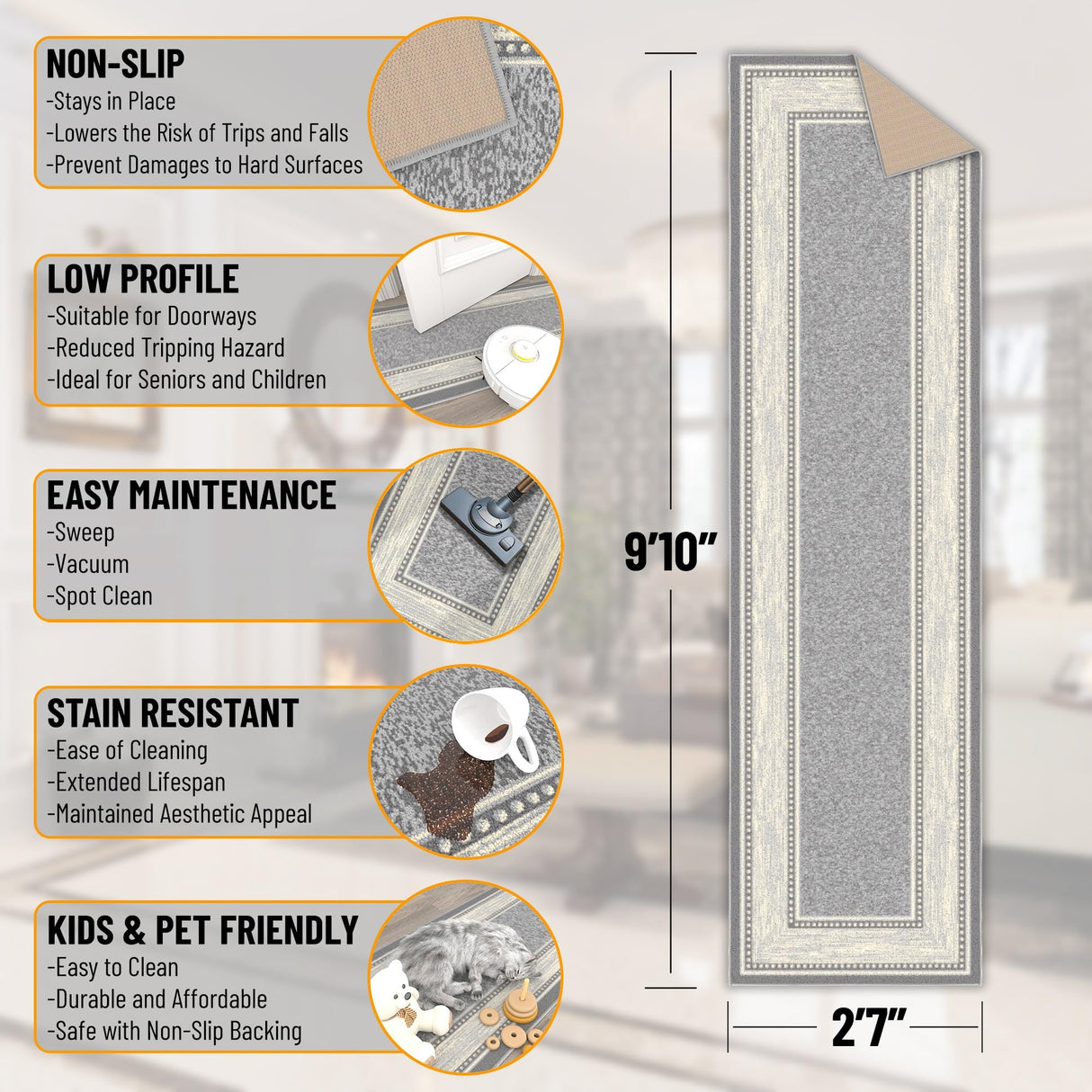 Machine Washable Bordered Design Non-Slip Rubberback 3x10 Traditional Runner Rug for Hallway, Kitchen, Bedroom, Living Room, 2'7" x 9'10", Light Gray Ottomanson