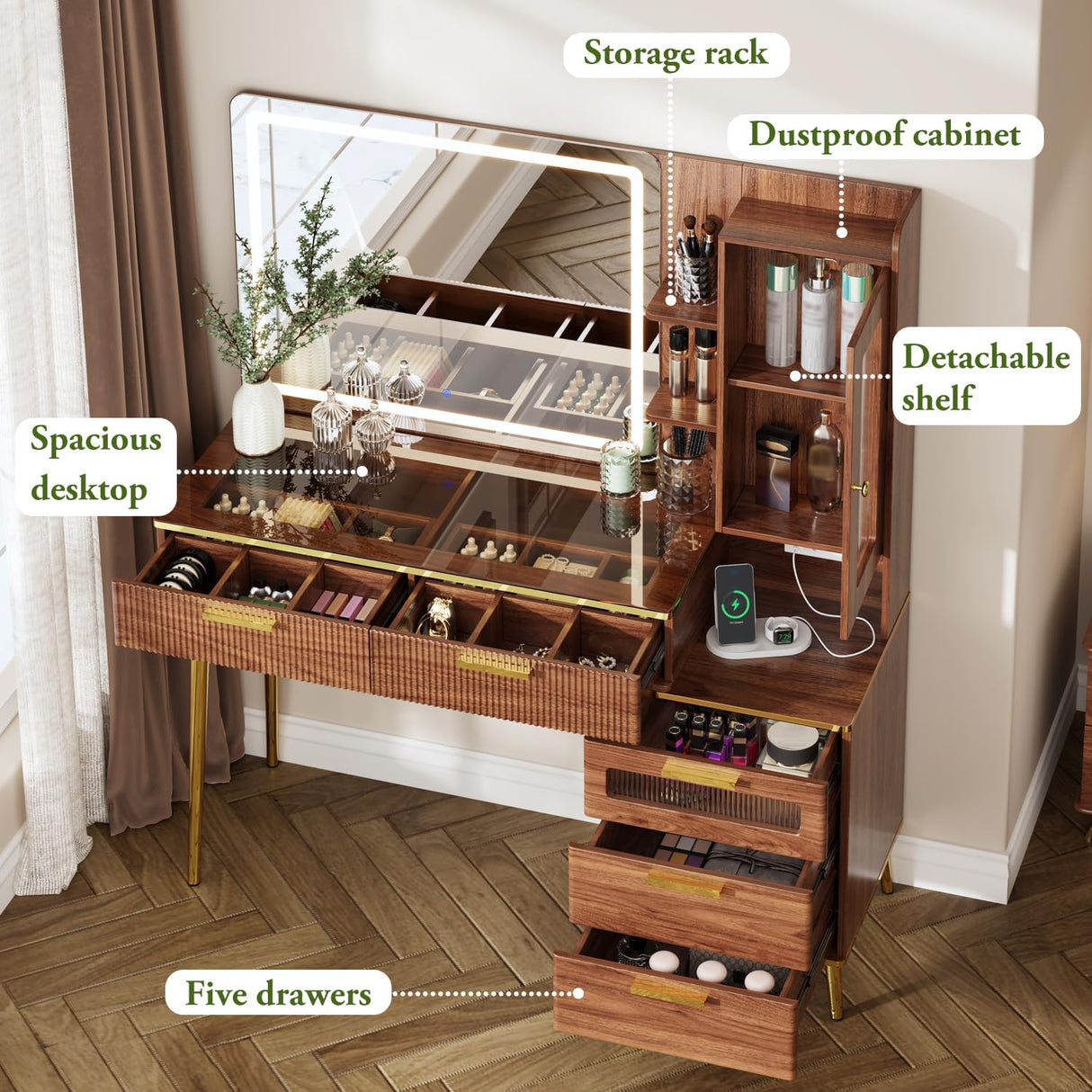 Chrangmay 47.24" Big Modern Vanity Desk with Mirror and Lights,Makeup Vanity Desk with 5 Drawers and Storage Shelves & Power Outlet,Dressing Table with Glass Top, Brown Chrangmay