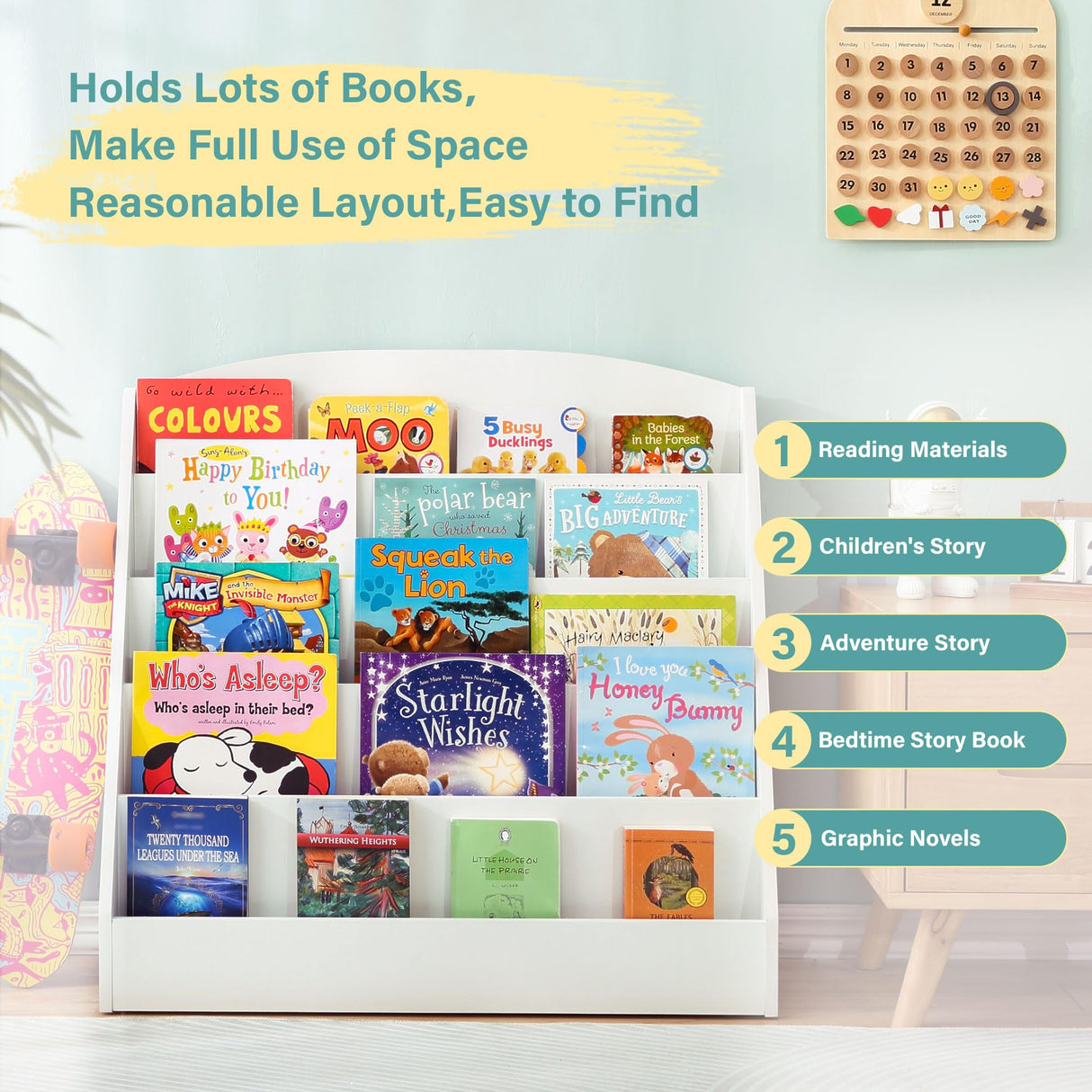 TOETOL 5-Tier Kids Bookshelf - Toddler Book Display Shelves for Classrooms, Playrooms, and Nursery - Wooden Children Book Rack (White) TOETOL