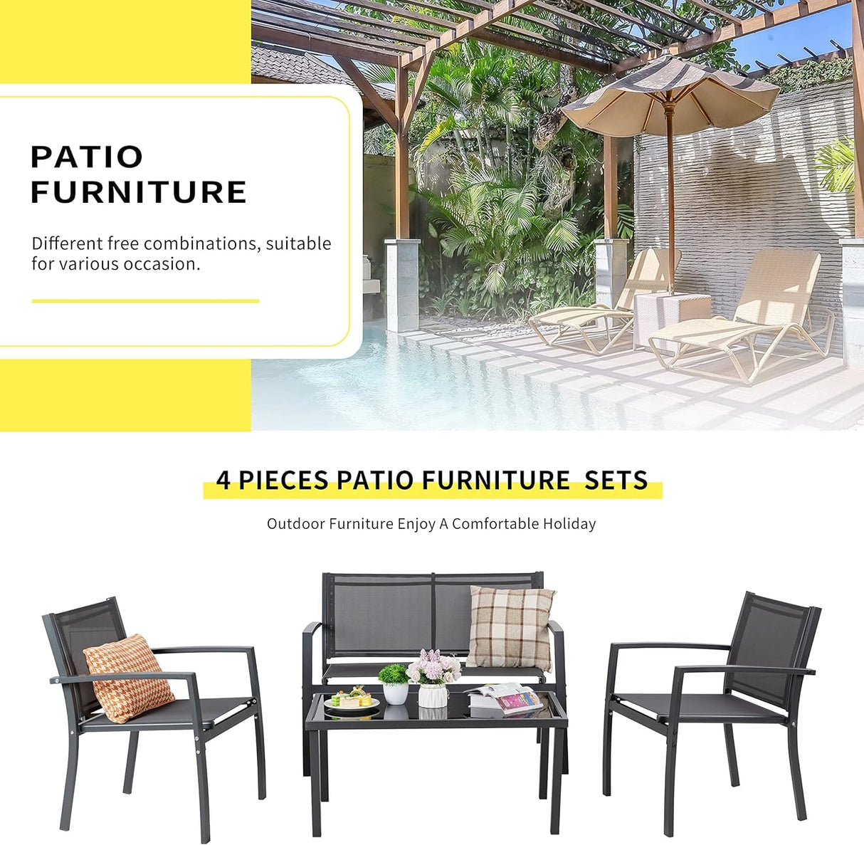 Shintenchi 4 Pieces Patio Furniture Set All Weather Textile Fabric Outdoor Conversation Set, with Glass Coffee Table, Loveseat, 2 Single Chairs for Home, Garden, Lawn, Porch(Gray) Shintenchi