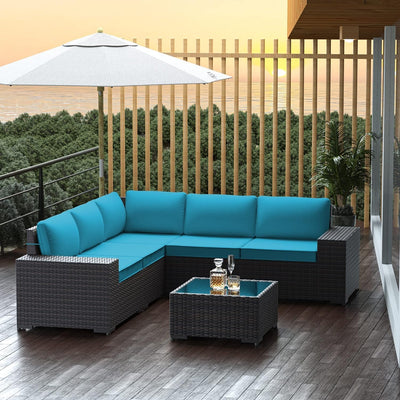 RTDTD Outdoor Patio Furniture Set, 6 Pieces Outdoor Furniture All Weather Patio Sectional Sofas PE Wicker Modular Conversation Sets with Coffee Table,5 Chairs & Seat Clips Turquoise Blue.