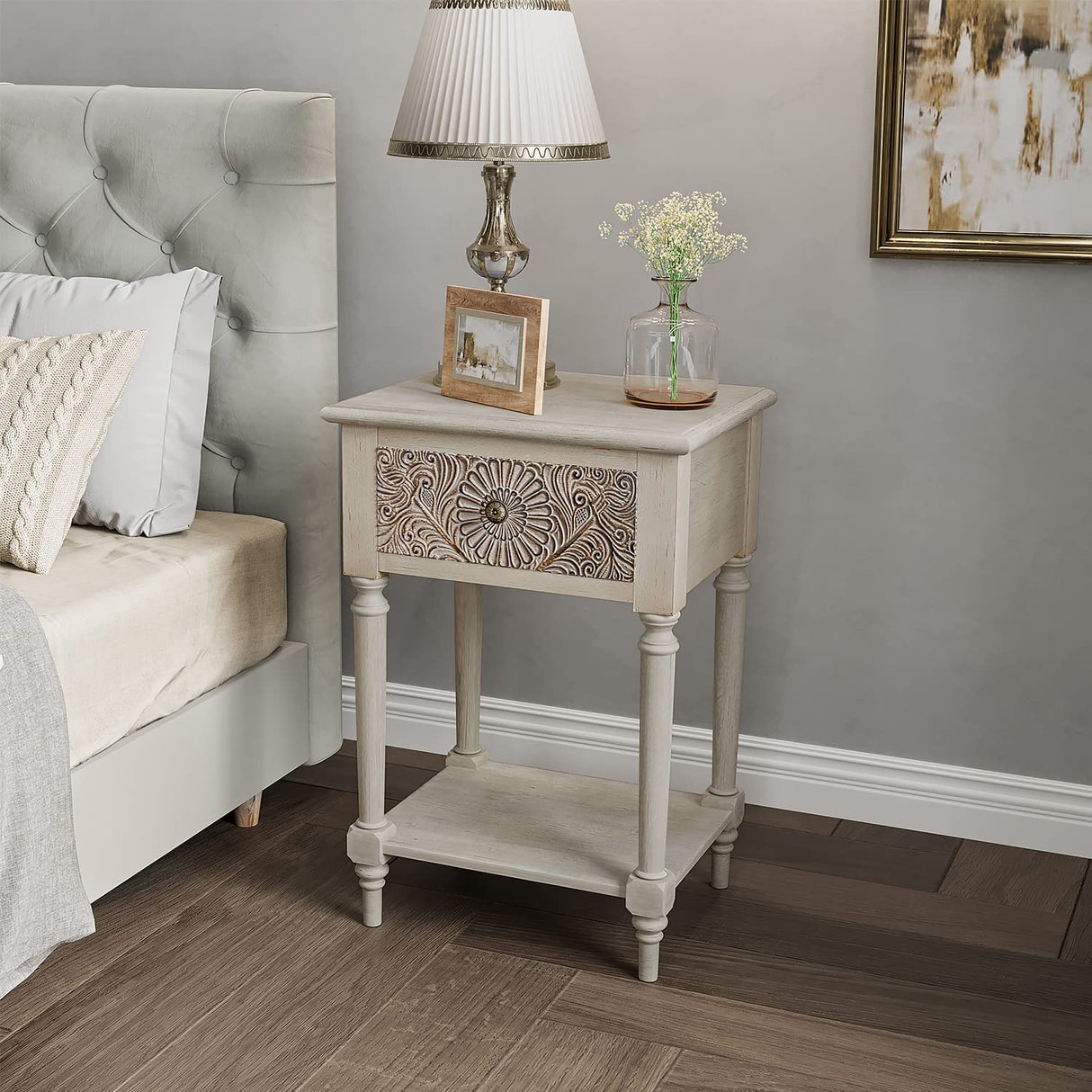 COSIEST Vintage Nightstand, MDF 2-Tier Bedside Table, Wood Accent End Table with Storage Drawer and Open Display Shelf for Bedroom Living Room COSIEST