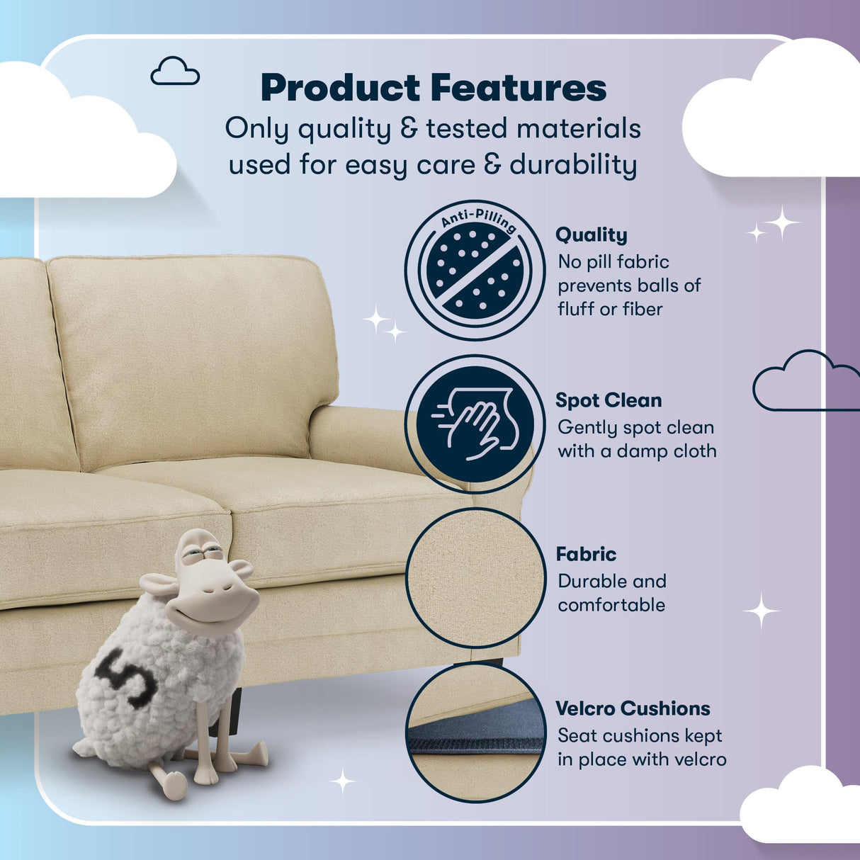 Serta Copenhagen Rolled Arm Sofa, Easy Care Polyester, Soft Pillow Back, Pocket Coil Seat Cushions, Removable Covers, Couch for Small Spaces, Living Rooms or Bedrooms, 61" Loveseat, Tan Serta