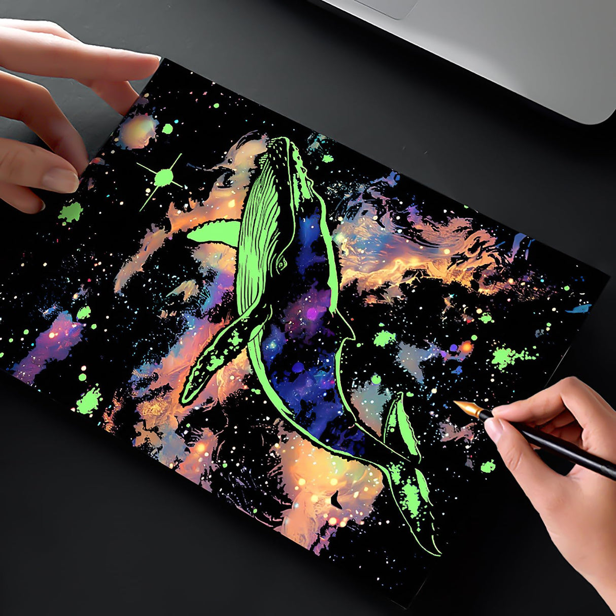 M MUGIT 8 Sheet Scratch Art Noctilucent Rainbow Painting Paper with Pen/Cleaning Brush, Glow in The Dark Engraving Scratchboard(A4) for Kids & Adult, ASMR Sketch Card Relaxing Toy (Butterfly/Dolphin) M MUGIT