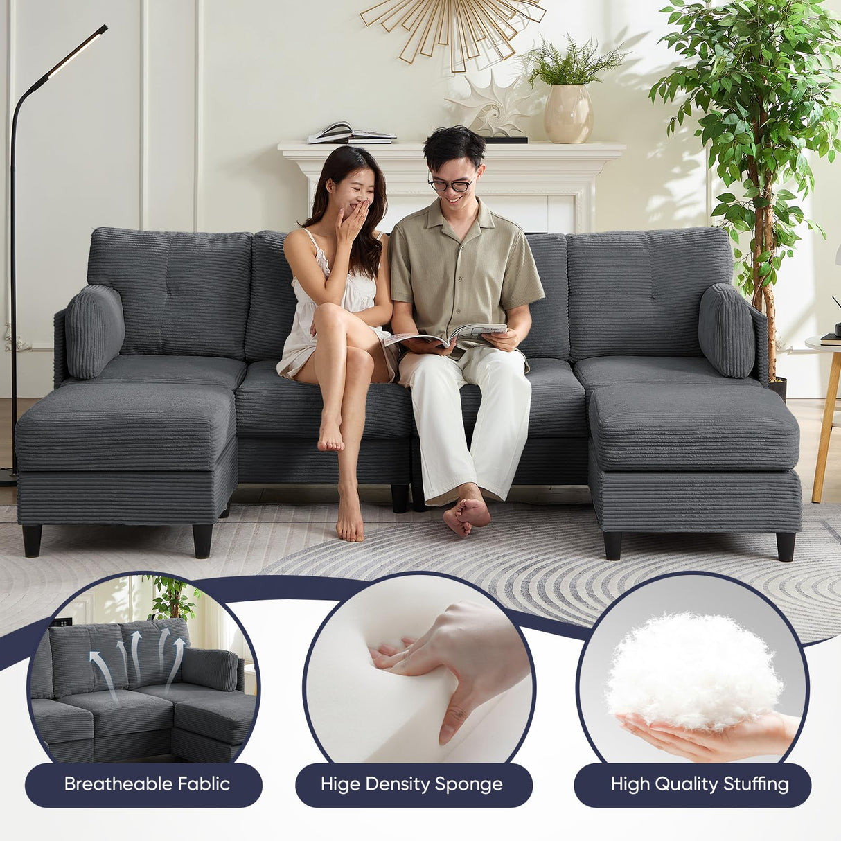 ijuicy Convertible U-Shaped Sectional Sofa with 2 Movable Ottomans, 4 Seat Sectional Couches for Living Room Furniture, Corduroy Comfy Couch for Small Spaces,Wood Frame & Thick Foam Cushion-Dark Grey ijuicy