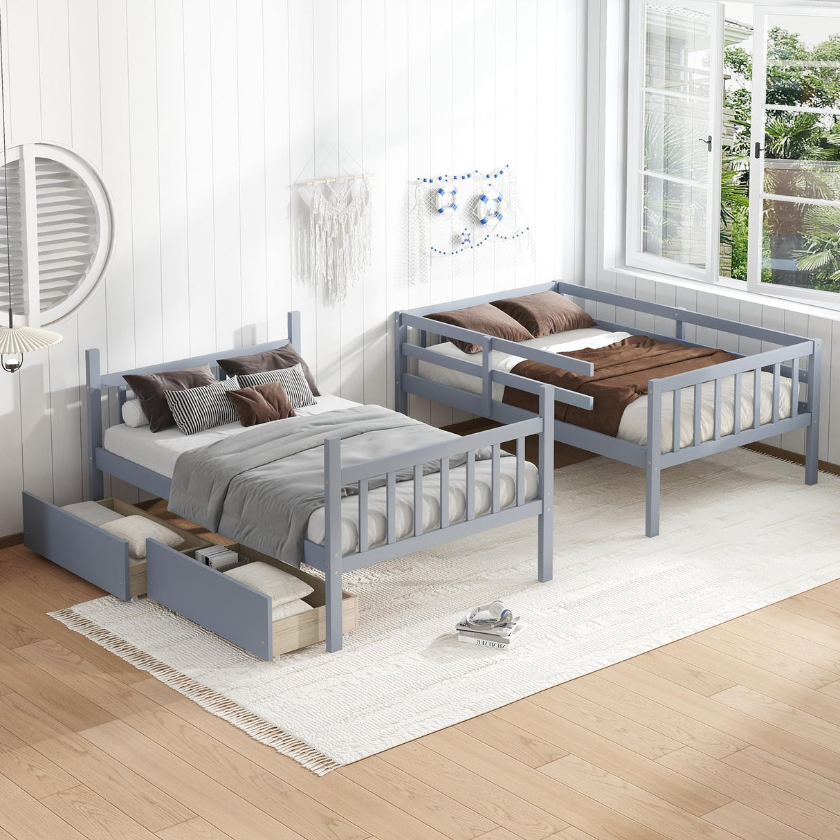 Twin Over Twin Bunk Bed with Storage Drawers, Solid Wood bunk Bed with Ladders and Raised Guardrails for Kids, Convertible into 2 Twin Beds, Bunk Bed Twin Over Twin, Grey Bellemave