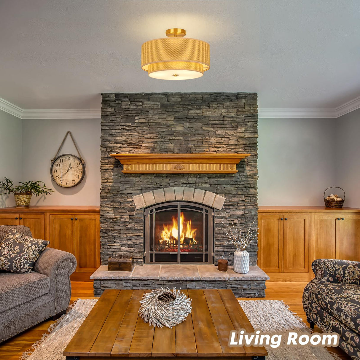 HILUXIA 16 Inch Modern Semi Flush Mount Ceiling Light Fixture, Double Rattan and Wicker Style Drum Shade, Gold Farmhouse Flush Ceiling Lamp for Bedroom, Living Room, Dining Room, Kitchen HILUXIA