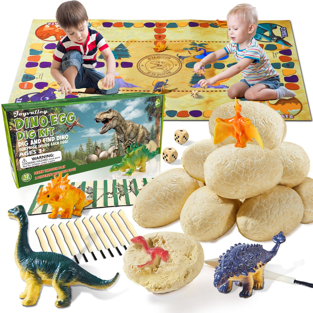 Dino Fossil Eggs Dinosaur Toys - 12 Dinosaur Eggs Dig Excavation Kit w Play Mat for Kids Ages 5-7 Easter Basket Essentials STEM Toy Christmas Birthday Gift for Boys Girls 3 4 5 6 7 8 + 8-13 Years Old Joyvalley