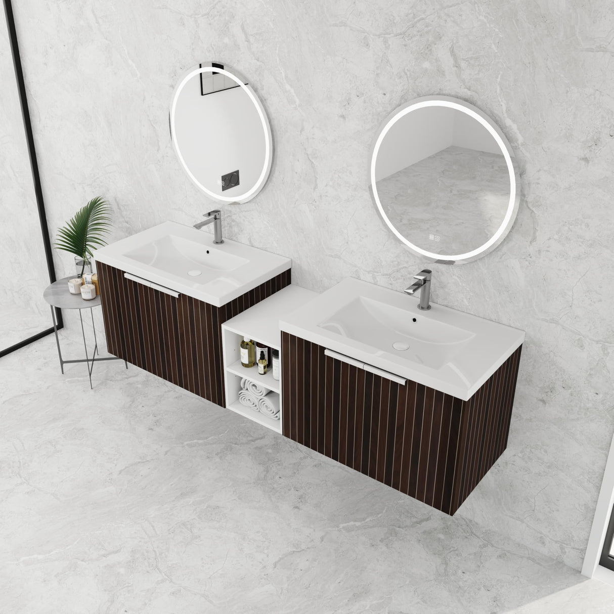 Lunanniu 71" Floating Bathroom Vanity with Double Sink Top Combo Set Ceramic Dual Basin Plywood Construction Soft Close Door Open Shelf Storage Cabinet Wall Mount Silver-Brown Stripe Lunanniu