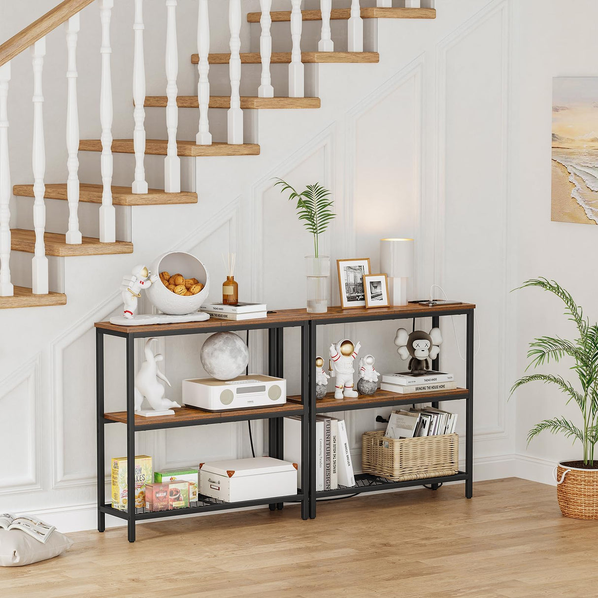 Snughome Console Table with Power Outlets, Entryway Table with Storage, Narrow Sofa Table with 3 Tier Shelves, Couch Table with USB Ports, Hallway Table for Living Room, Entrance Snughome