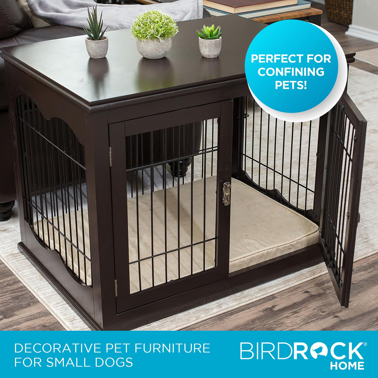 INTERNET'S BEST Decorative Dog Kennel with Pet Bed, Small Pet House, Double Door Indoor Crate, Engineered Wood & Wire Furniture, Side Table & Nightstand, Fits Small Dogs - Espresso Internet's Best