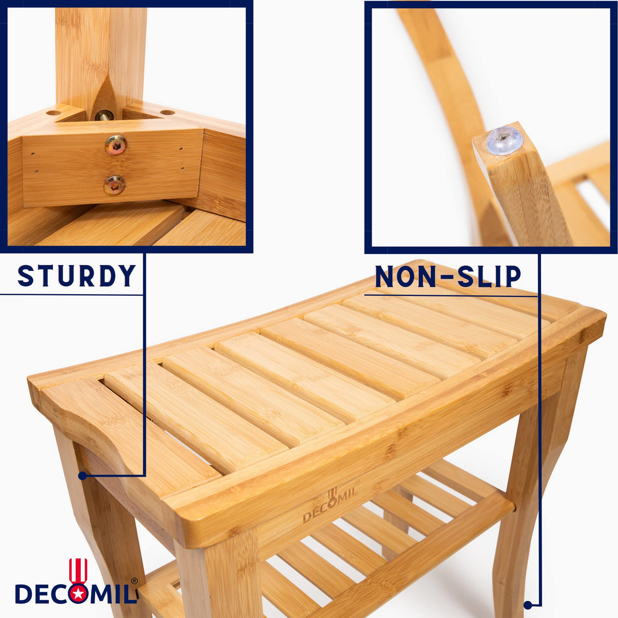 DECOMIL - Bamboo Shower Bench 19โ, Bathroom Shower Chair with Storage Shelf | Nonslip Feet & Waterproof Bathing Bench | Perfect for Indoor and Outdoor USe DECOMIL