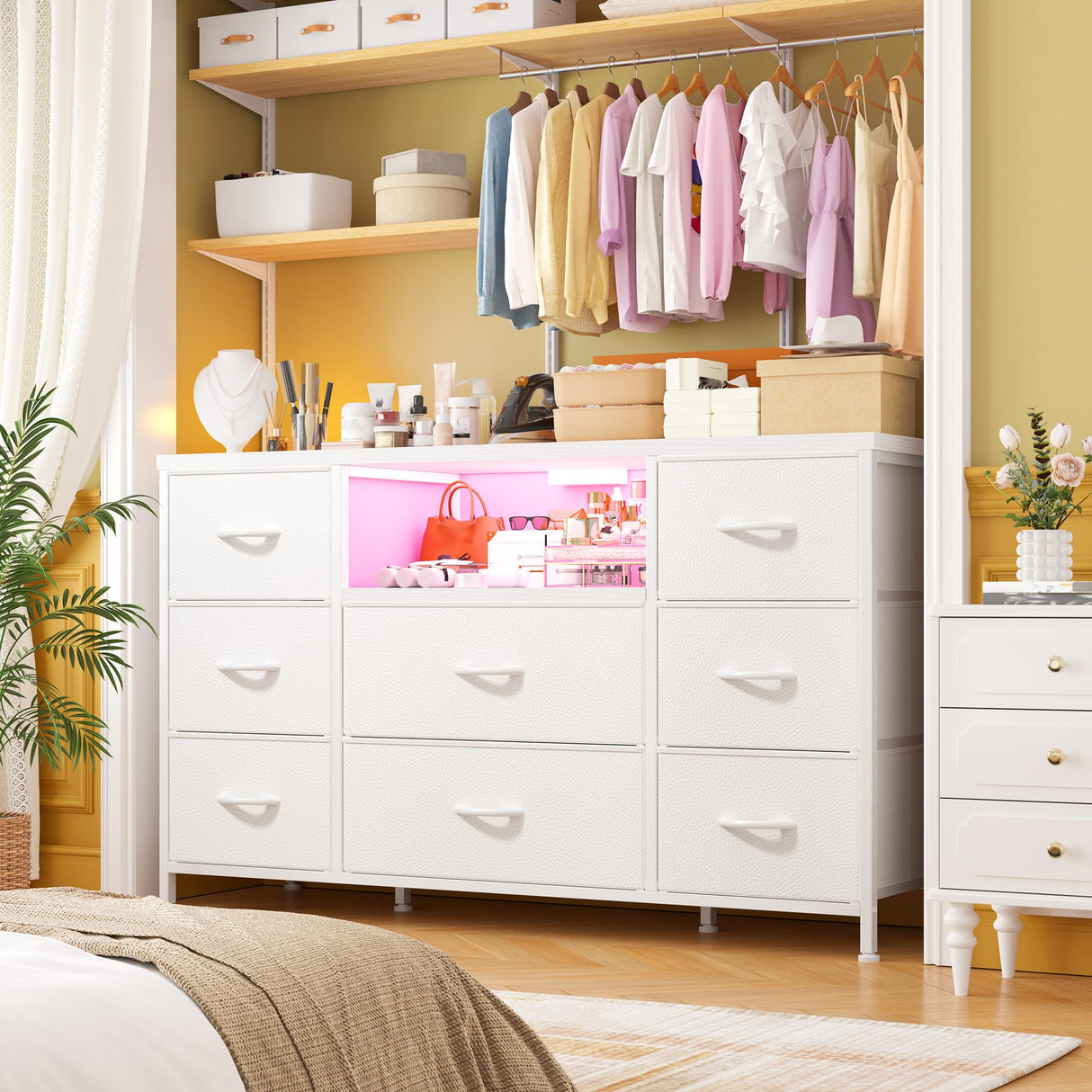 White Dresser TV Stand for 55'' with LED Lights & Charging Station, Dresser for Bedroom with 8 Drawer, Chest of Drawers with Open Shelves, 6 Adjustable Feet, Hallway, Entryway EnHomee