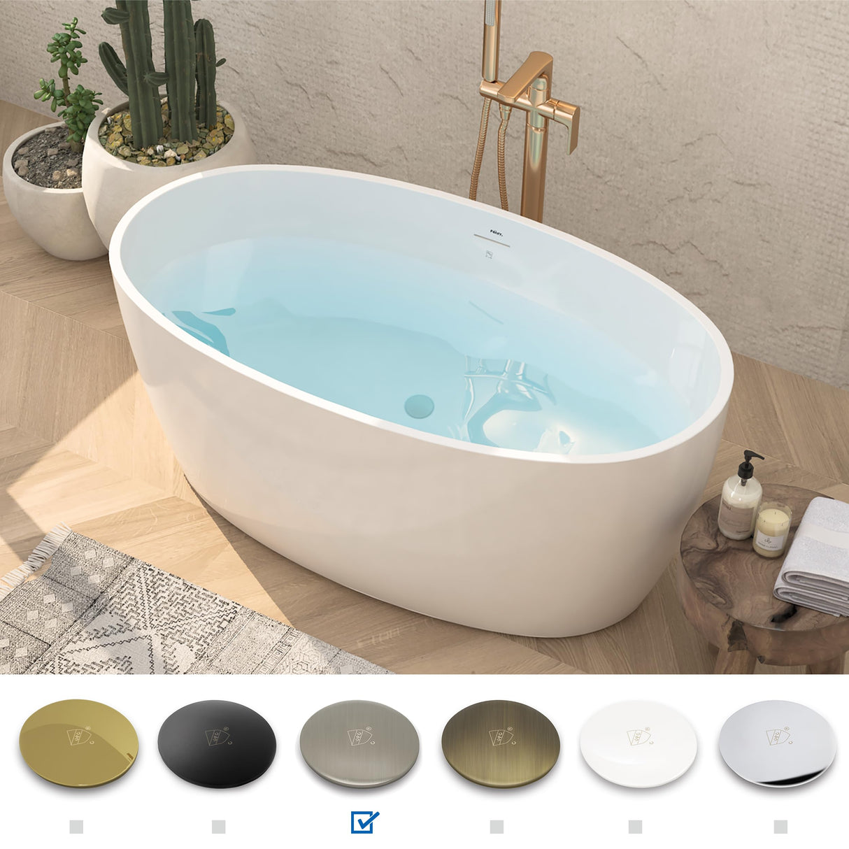 FerdY Tahiti 55" Acrylic Freestanding Bathtub, Elegant Oval Shape Soaking Bathtub, Glossy White, Brushed Nickel Drain & Integrated Slotted Overflow Assembly Included cUPC Certified FerdY
