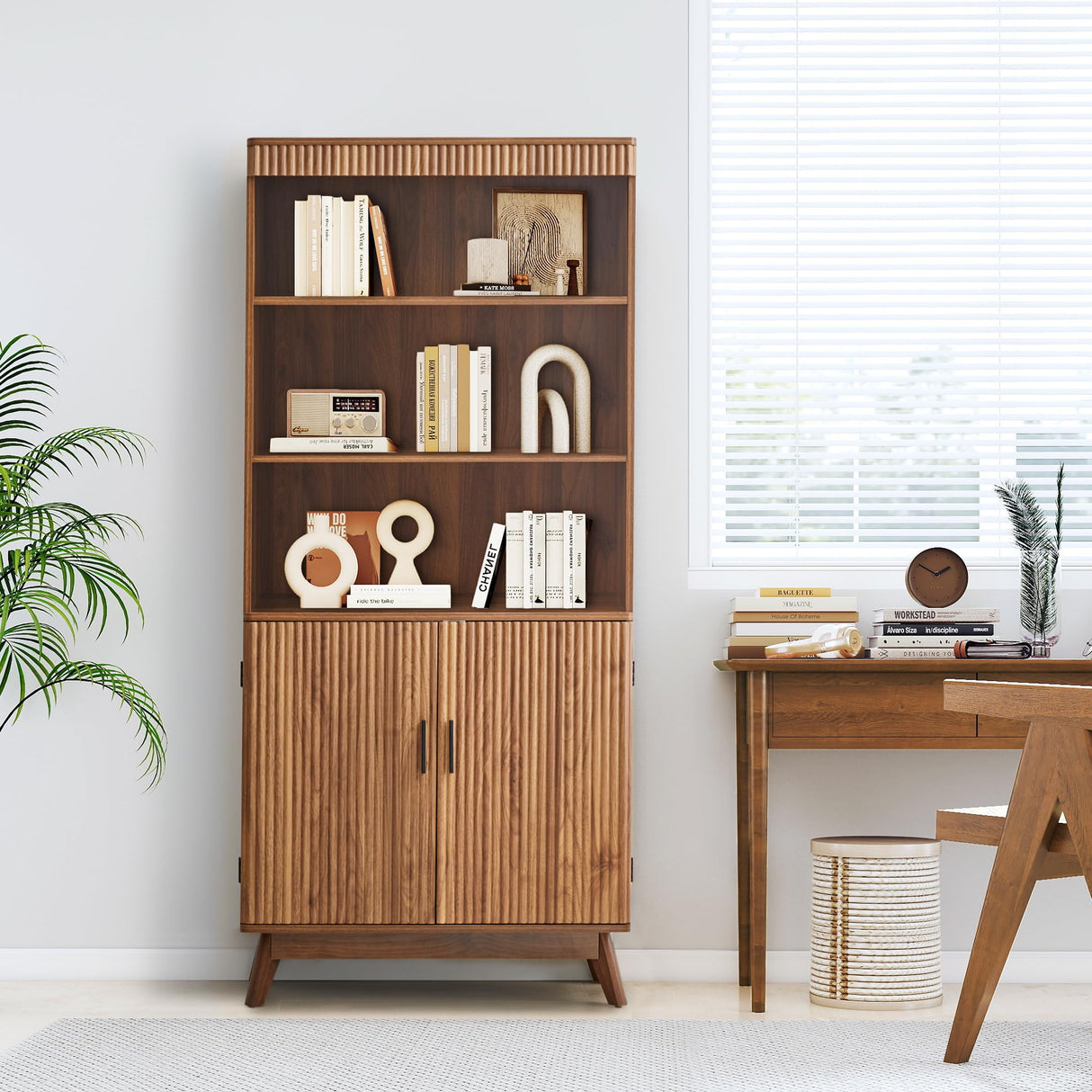 68" Fluted Tall Bookcase with Storage Cabinet,Mid-Century Modern 5-Tiers Arched Bookshelf Cabinet with Doors, Arched Bookcase with Open Display Storage Shelf for Home Office Bedroom Living Room,Walnut XUZENEST